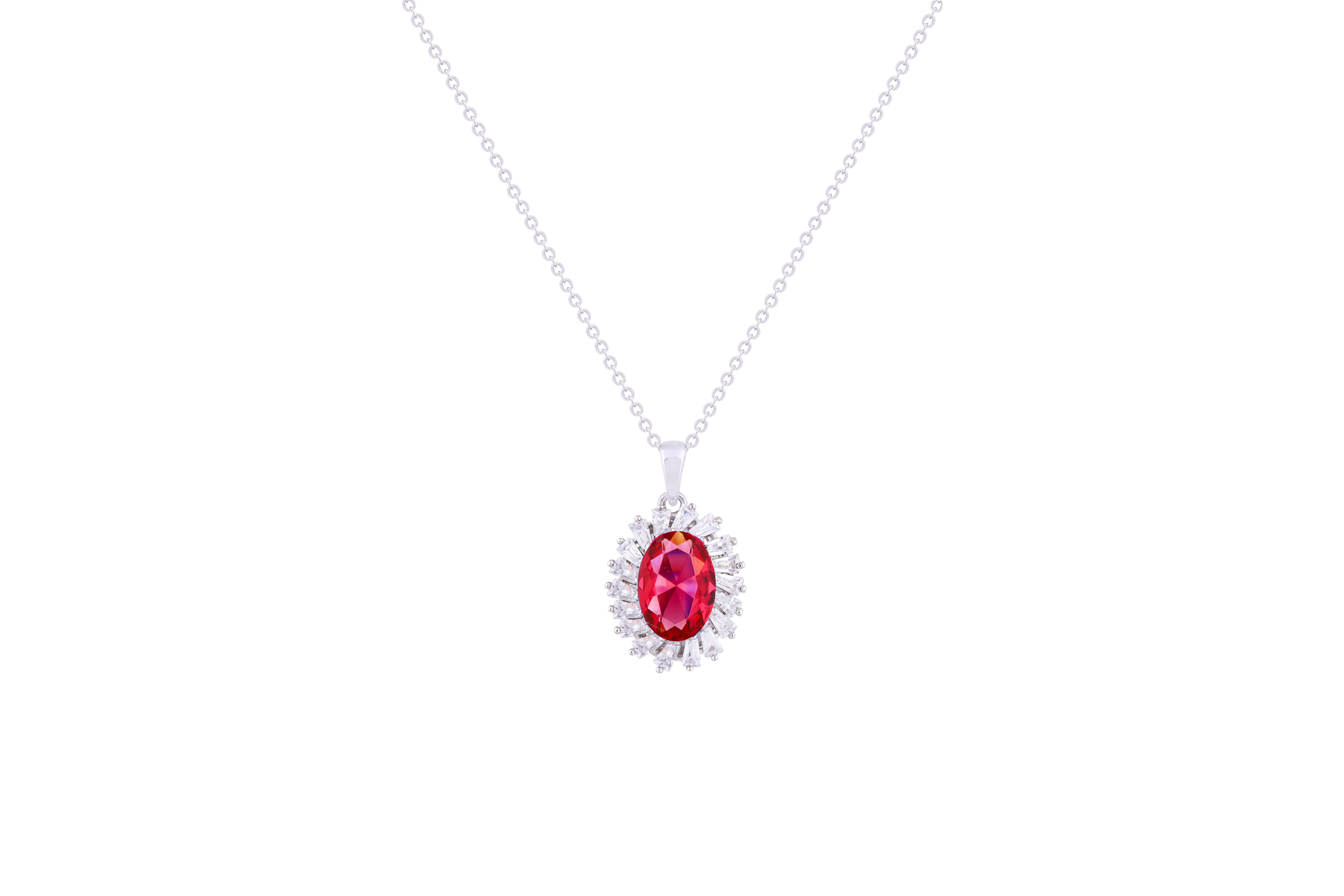 Asfour Crystal Chain Necklace With Fuchsia Oval Pendant In 925 Sterling Silver ND0108-F