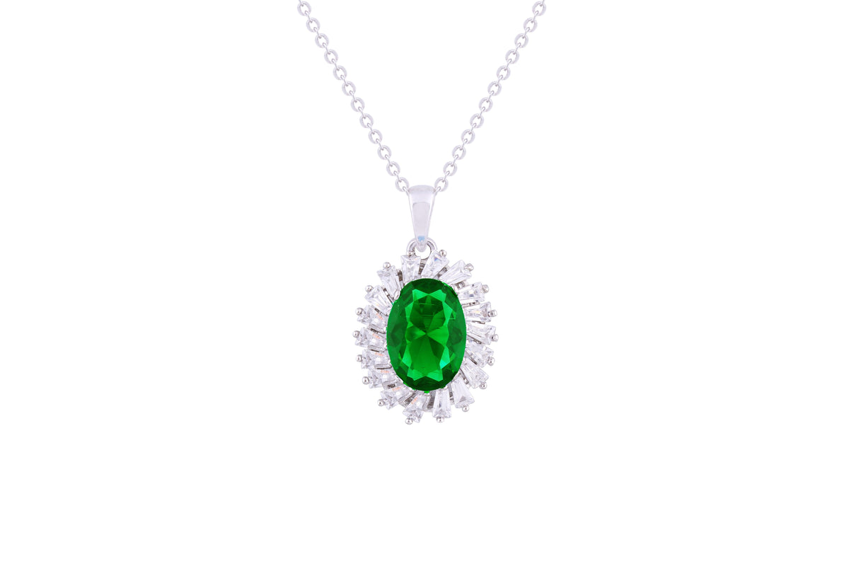 Asfour Crystal Chain Necklace With Emerald Oval Pendant In 925 Sterling Silver ND0108-G