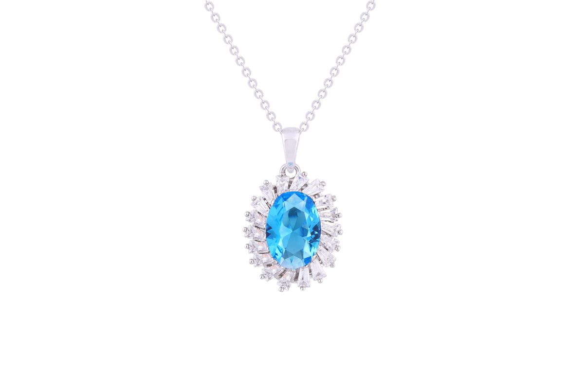 Asfour Crystal Chain Necklace With Aquamarine Oval Pendant In 925 Sterling Silver ND0108-M