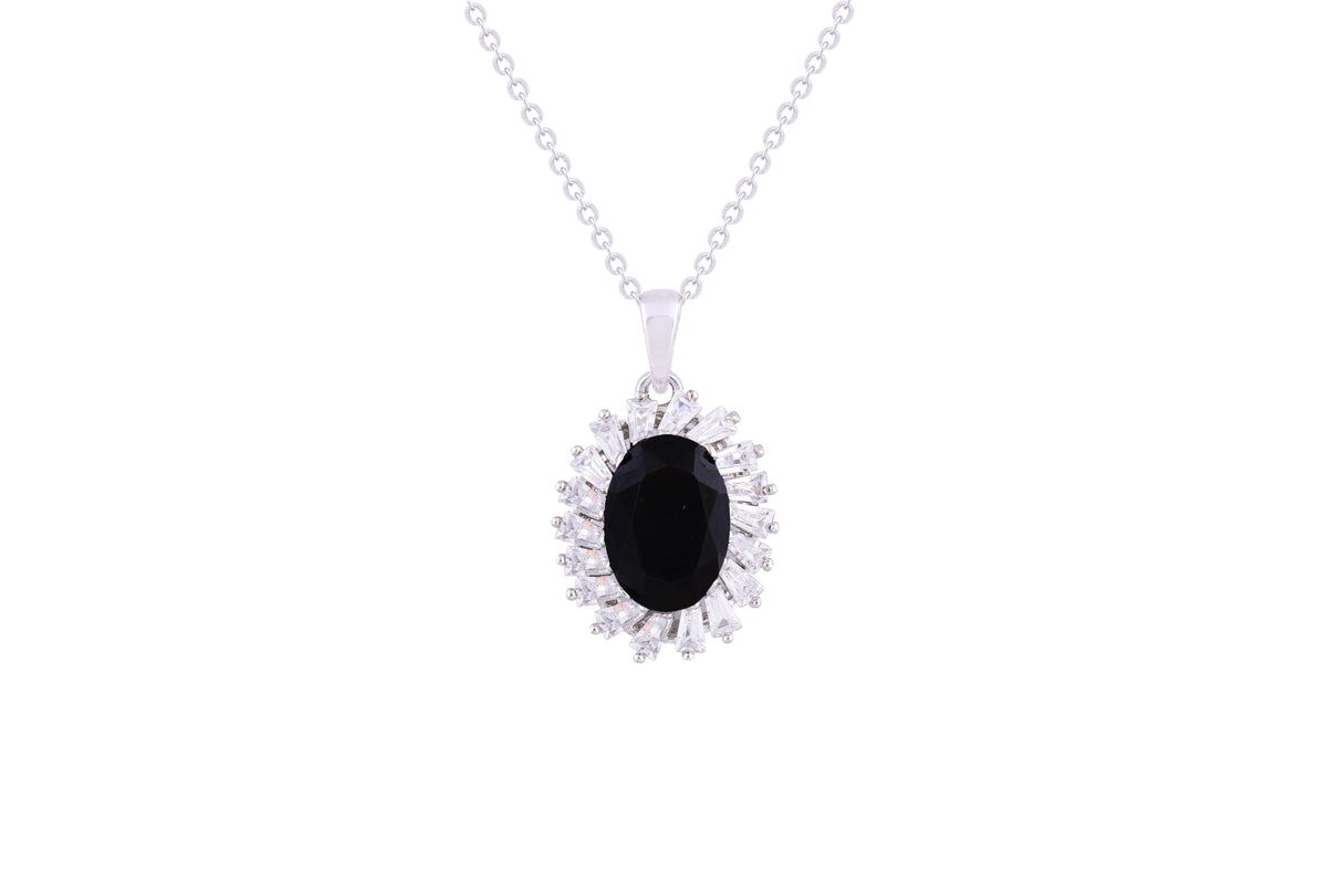 Asfour Crystal Chain Necklace With Black Oval Pendant In 925 Sterling Silver ND0108-P