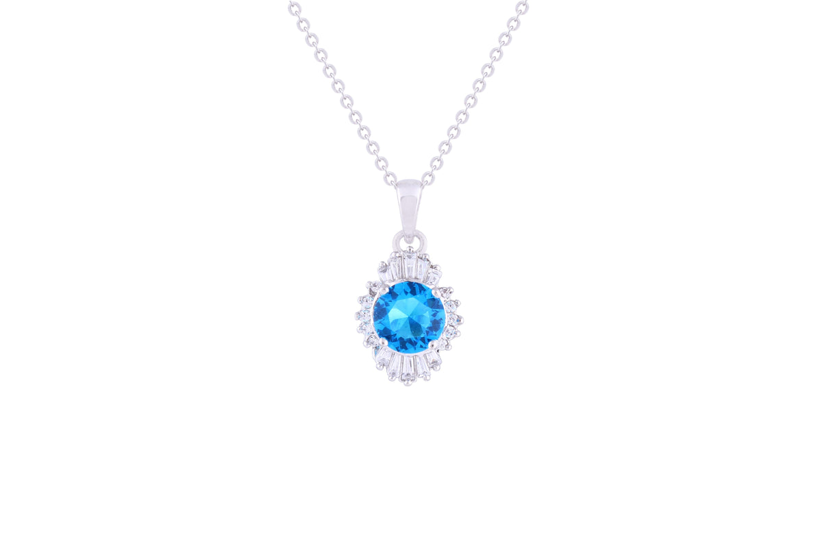 Asfour Crystal Chain Necklace With Aquamarine Round Pendant In 925 Sterling Silver ND0109-M