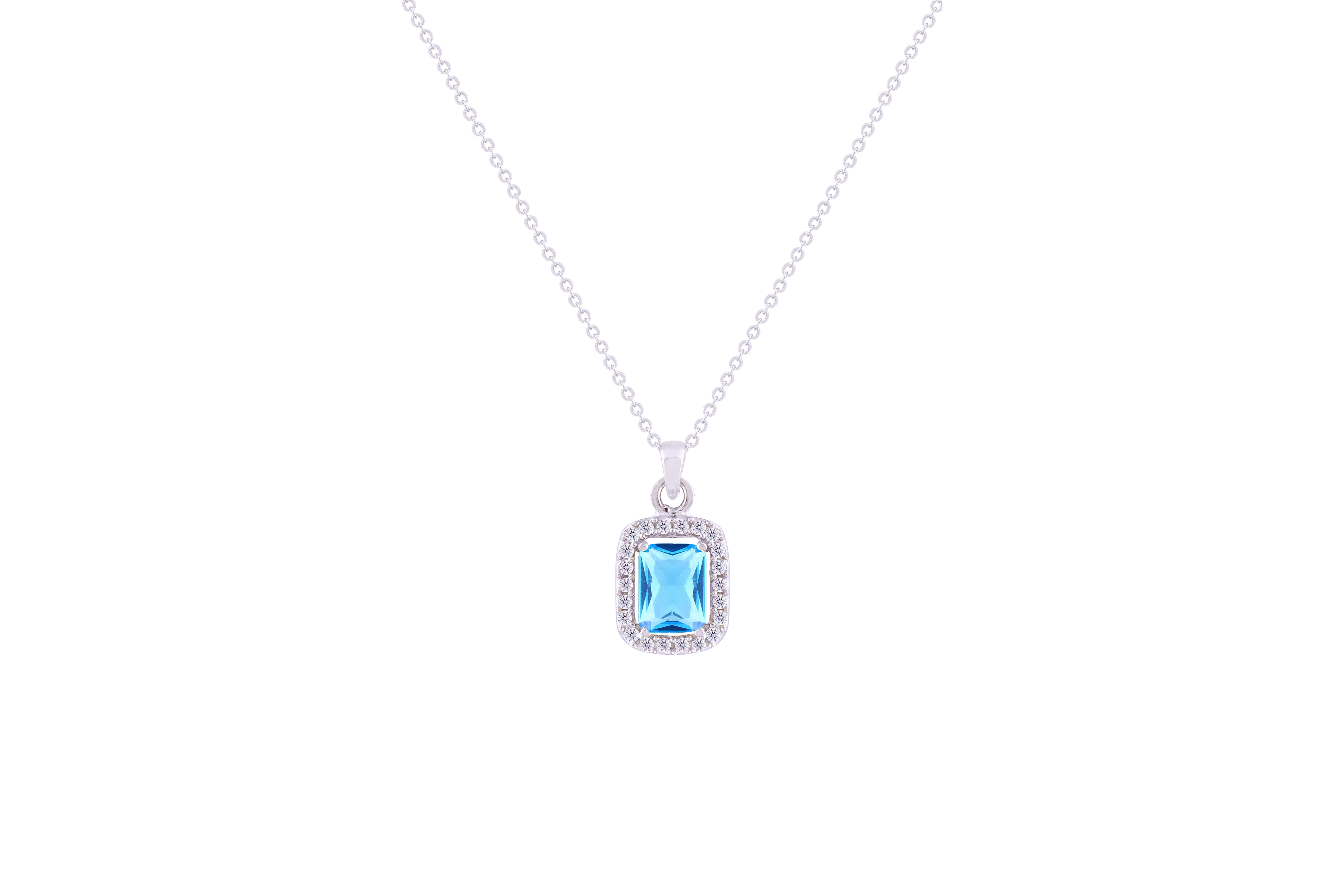 Asfour Crystal Chain Necklace With Emerald Cut Aquamarine Pendant In 925 Sterling Silver ND0110-M