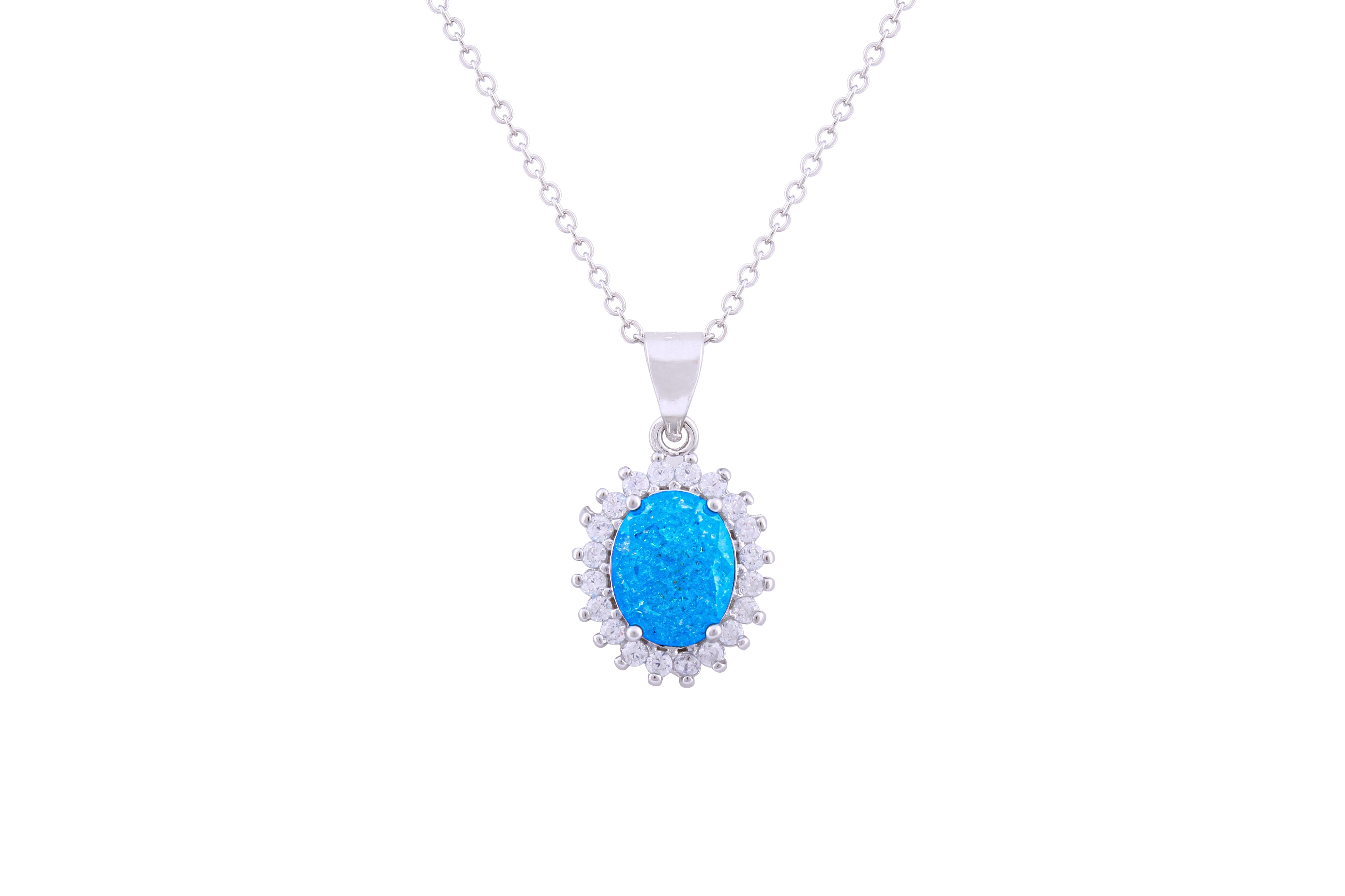 Asfour Crystal Chain Necklace With Aquamarine Oval Pendant In 925 Sterling Silver ND0111-M-A