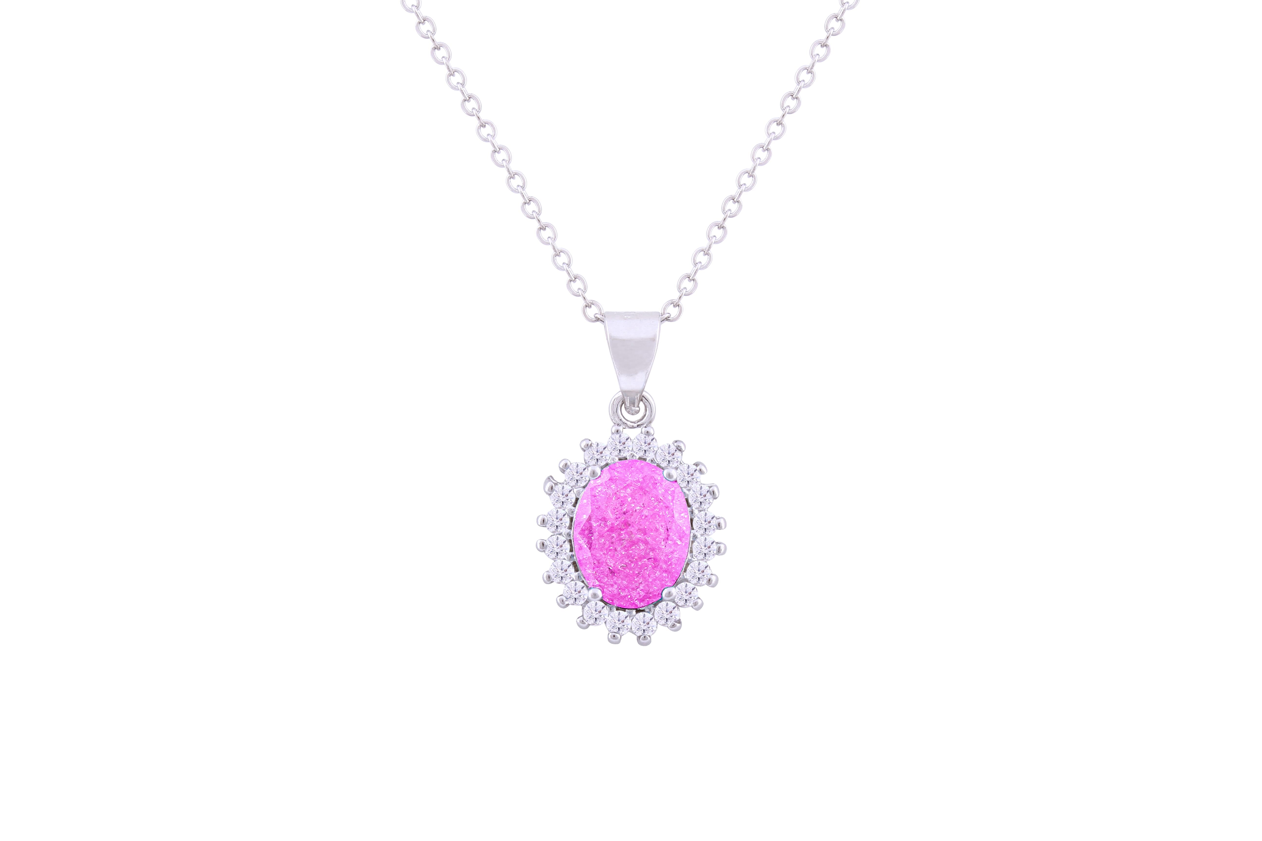 Asfour Crystal Chain Necklace With Rose Oval Pendant In 925 Sterling Silver ND0111-O-A