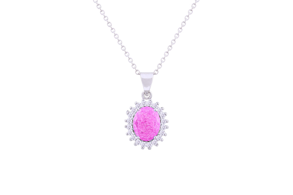 Asfour Crystal Chain Necklace With Rose Oval Pendant In 925 Sterling Silver ND0111-O-A