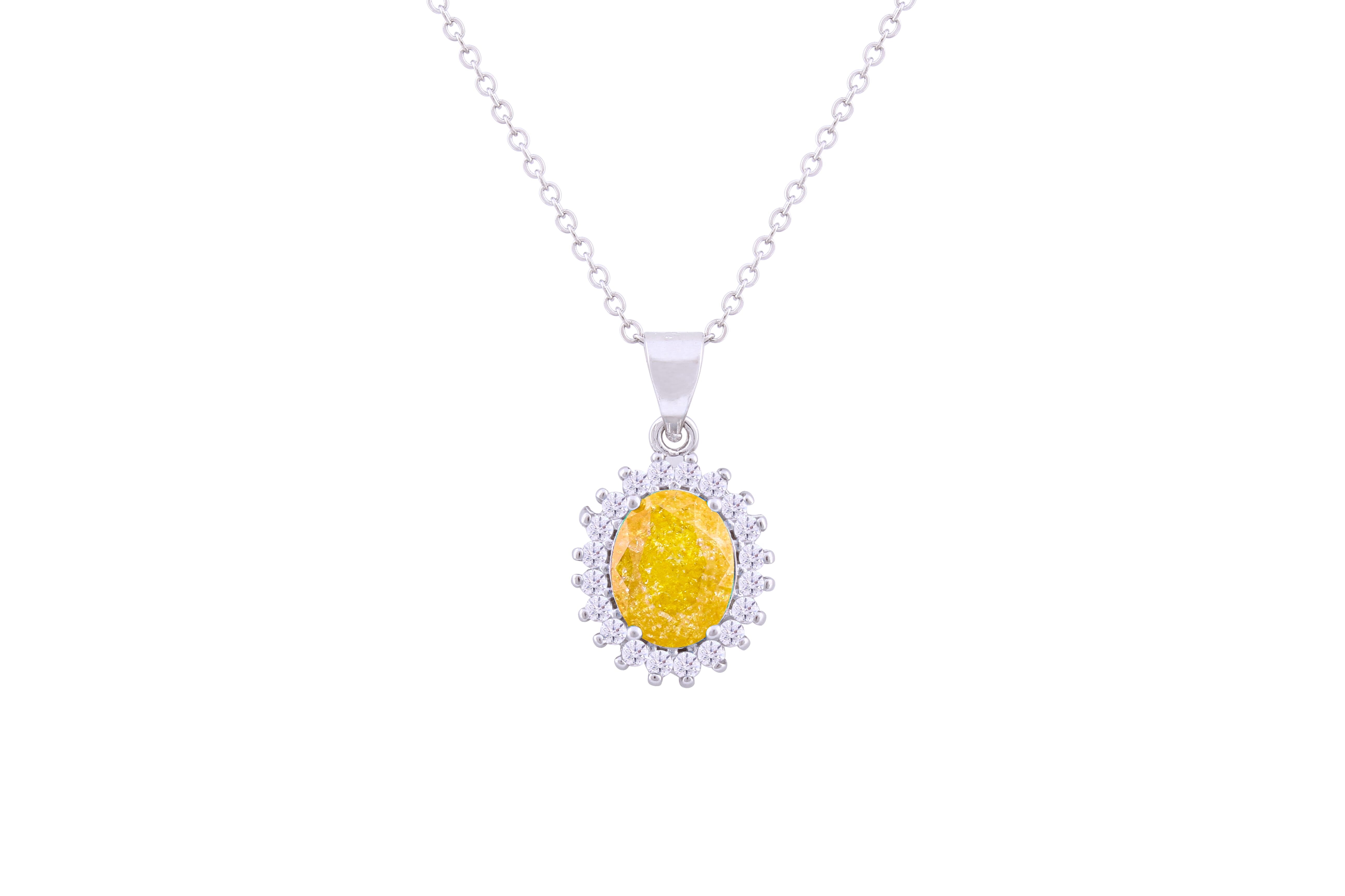 Asfour Crystal Chain Necklace With Yellow Oval Pendant In 925 Sterling Silver ND0111-Y-A