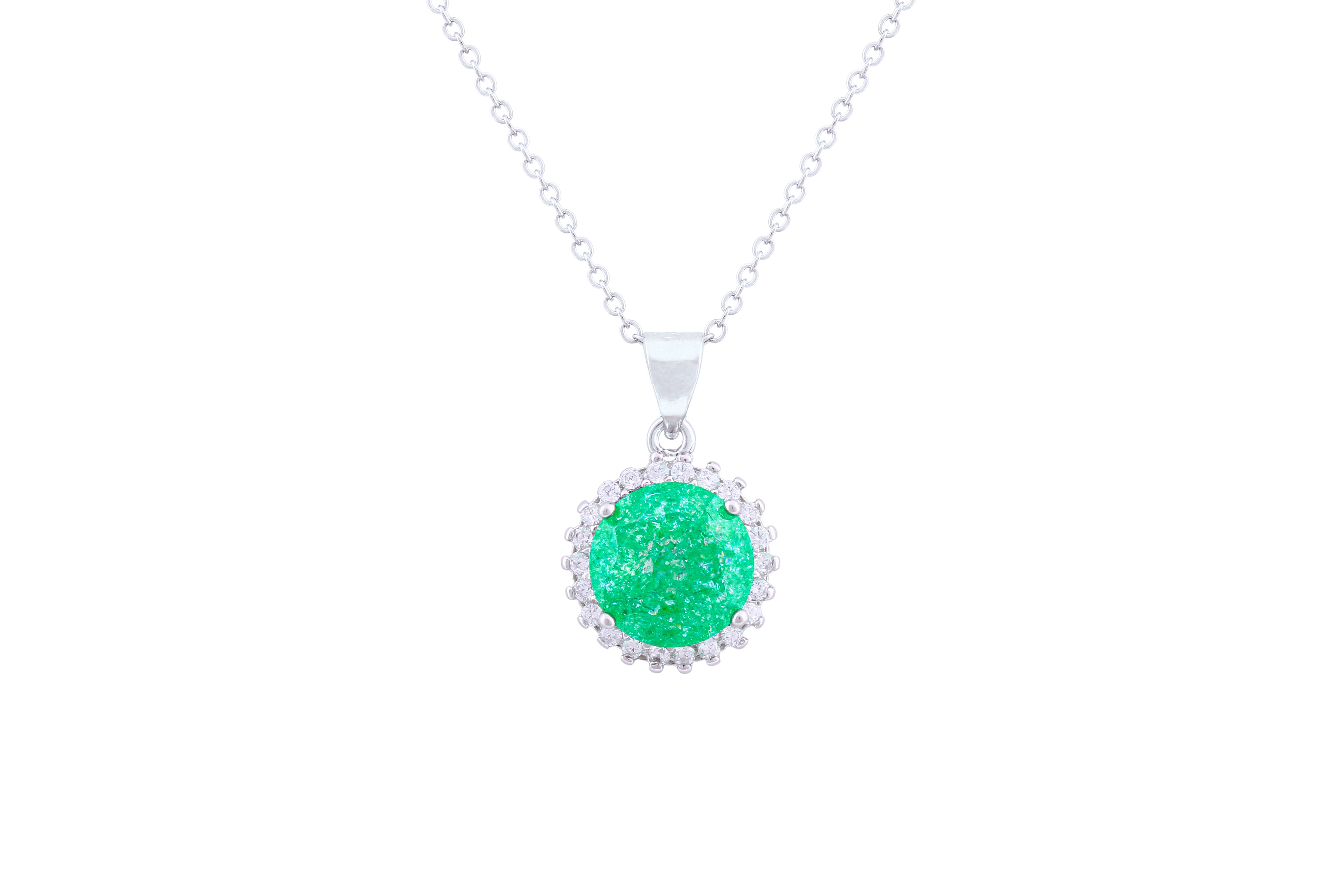 Asfour Crystal Chain Necklace With Emerald Halo Pendant In 925 Sterling Silver ND0113-G-A