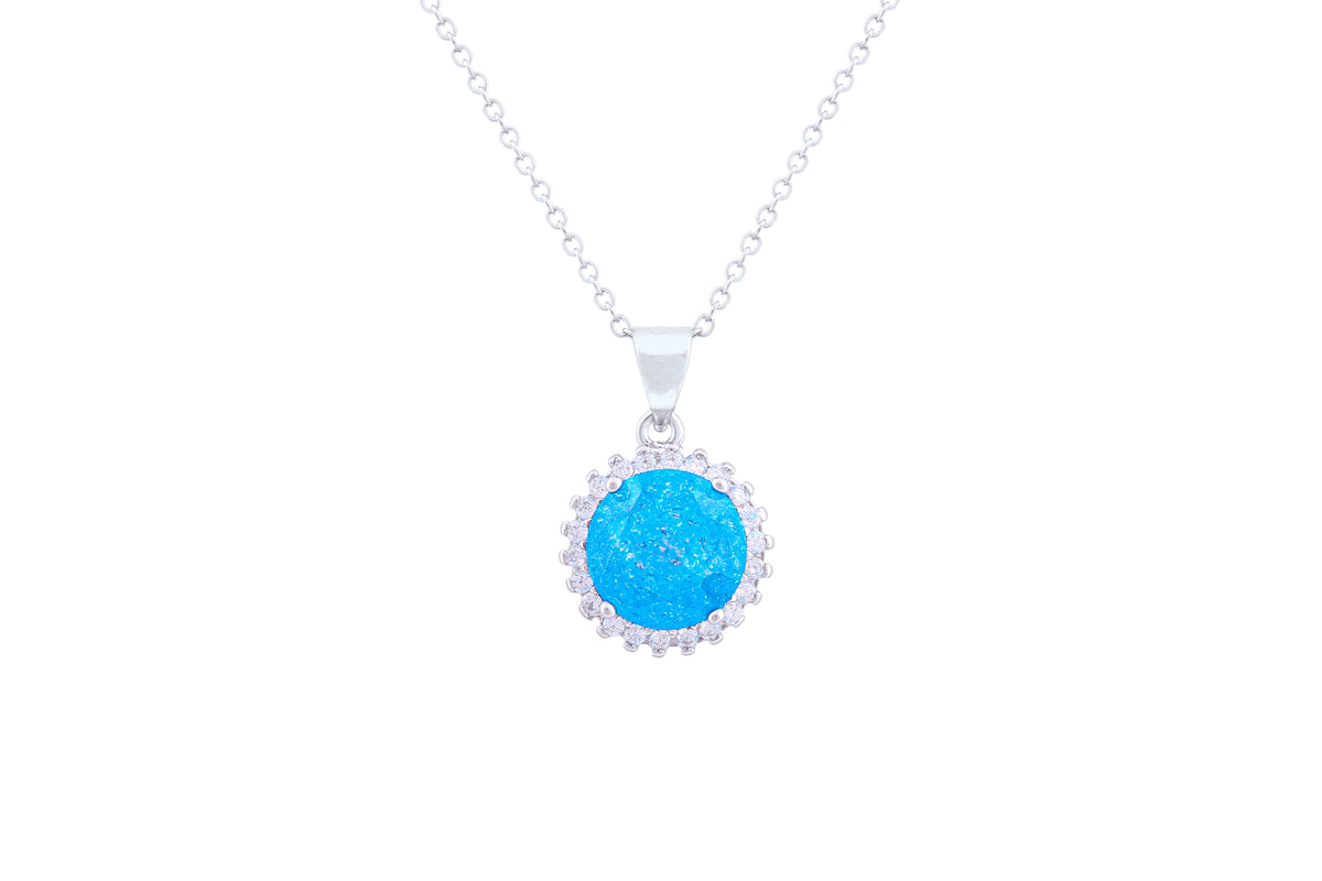 Asfour Crystal Chain Necklace With Aquamarine Halo Pendant In 925 Sterling Silver ND0113-M-A