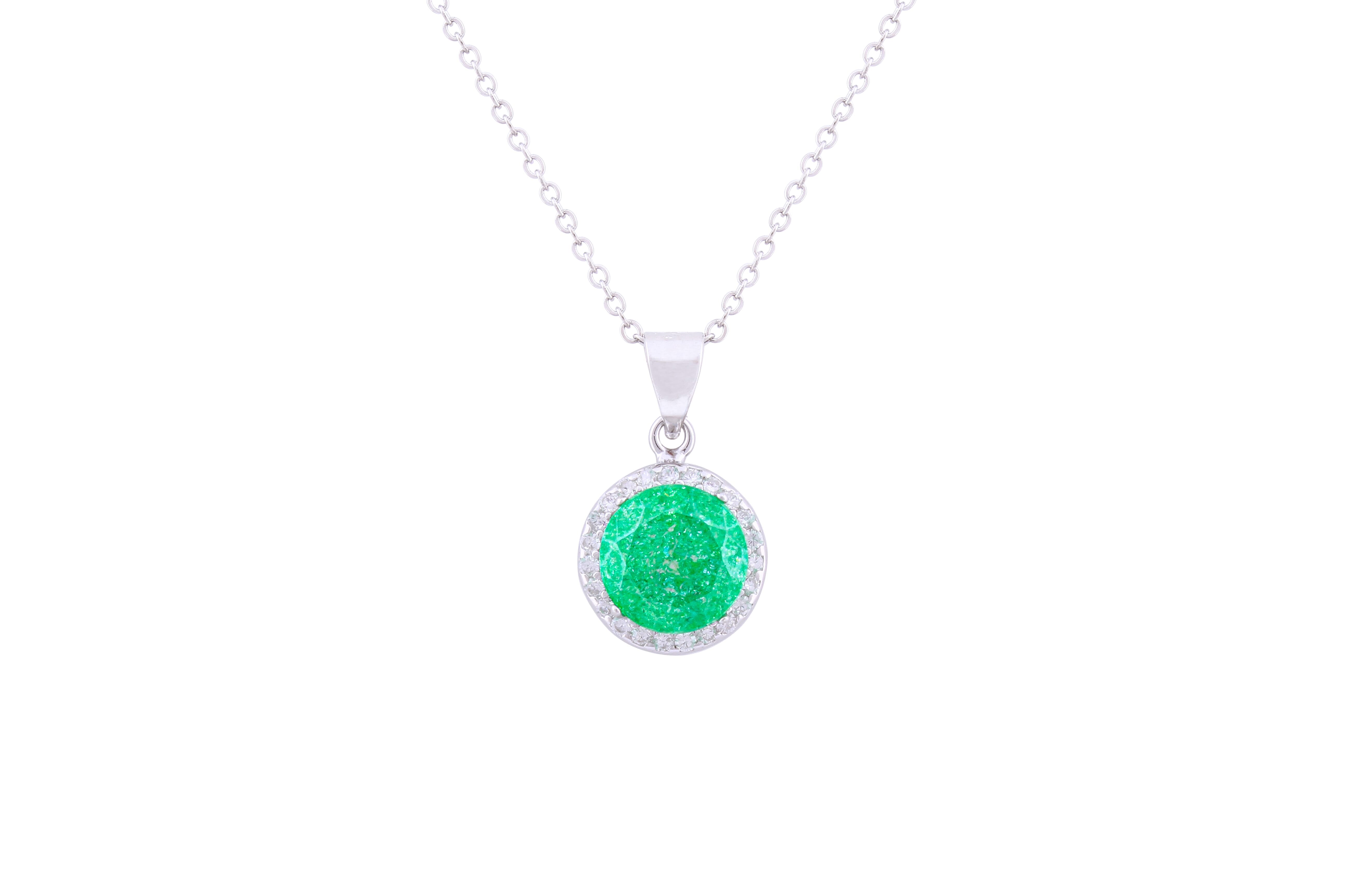 Asfour Crystal Chain Necklace With Emerald Round Pendant In 925 Sterling Silver ND0114-G-A