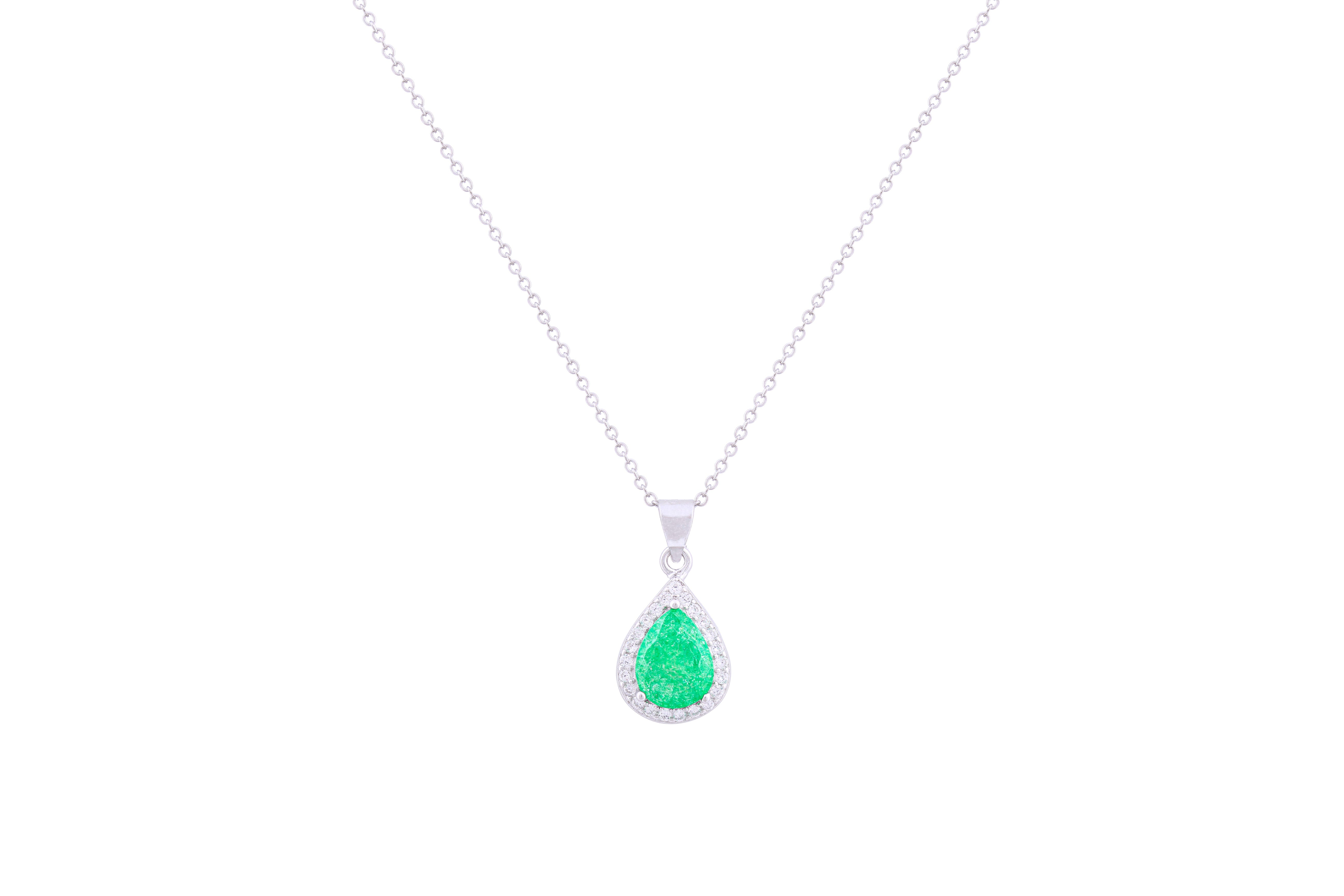 Asfour Crystal Chain Necklace With Emerald Pear Pendant In 925 Sterling Silver ND0116-G-A