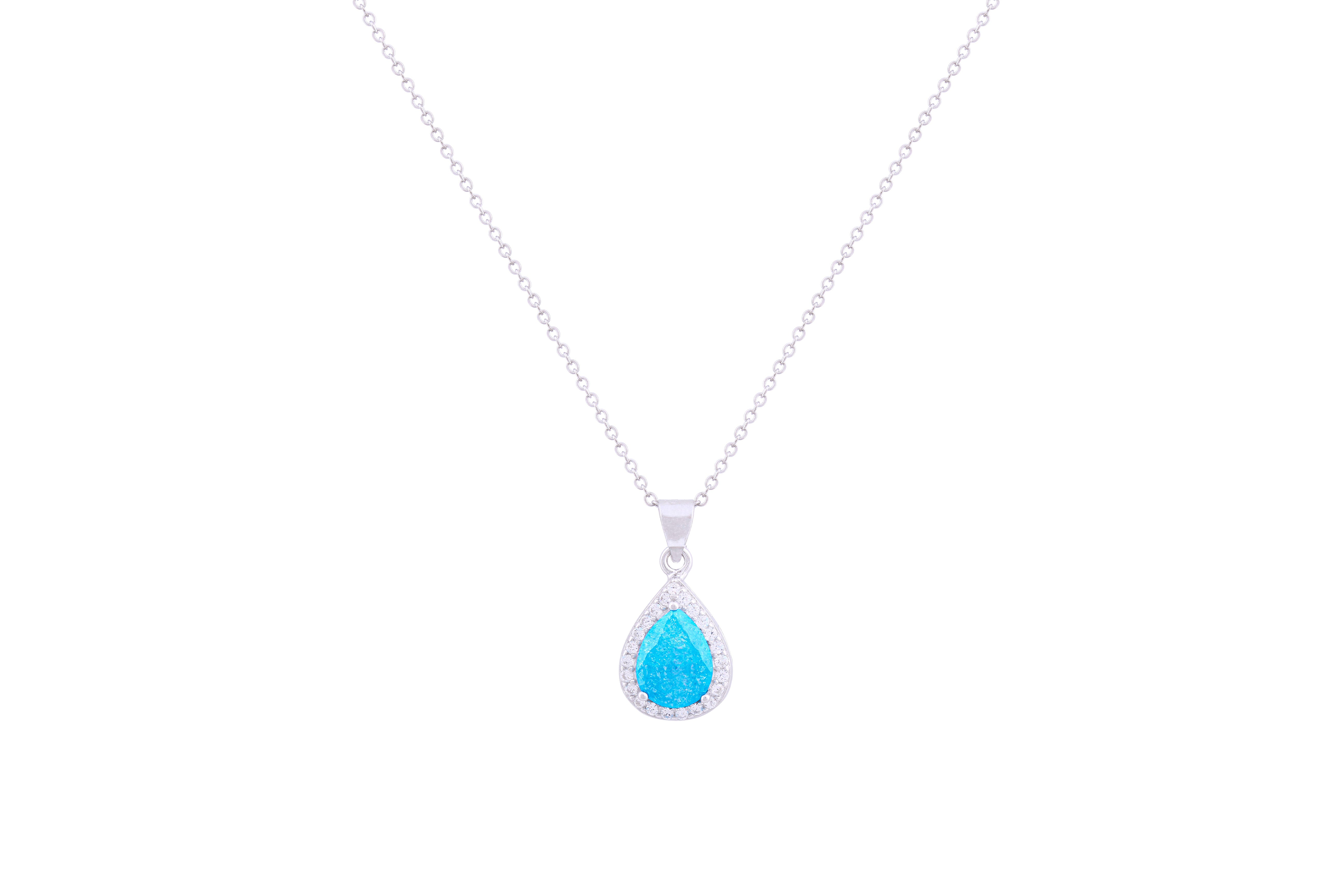 Asfour Crystal Chain Necklace With Aquamarine Pear Pendant In 925 Sterling Silver ND0116-M-A