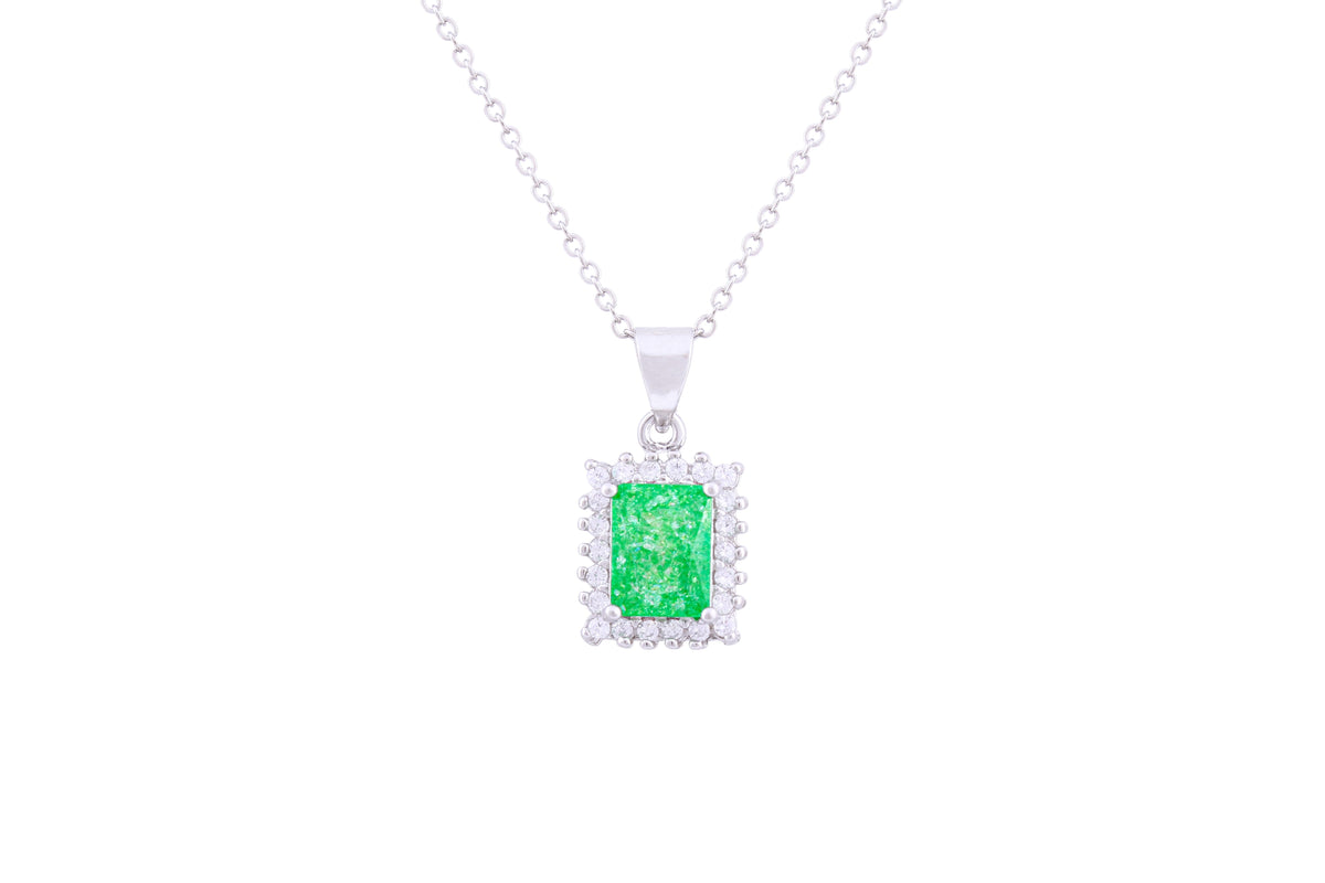 Asfour Crystal Chain Necklace With Emerald Halo Pendant In 925 Sterling Silver ND0117-G-A