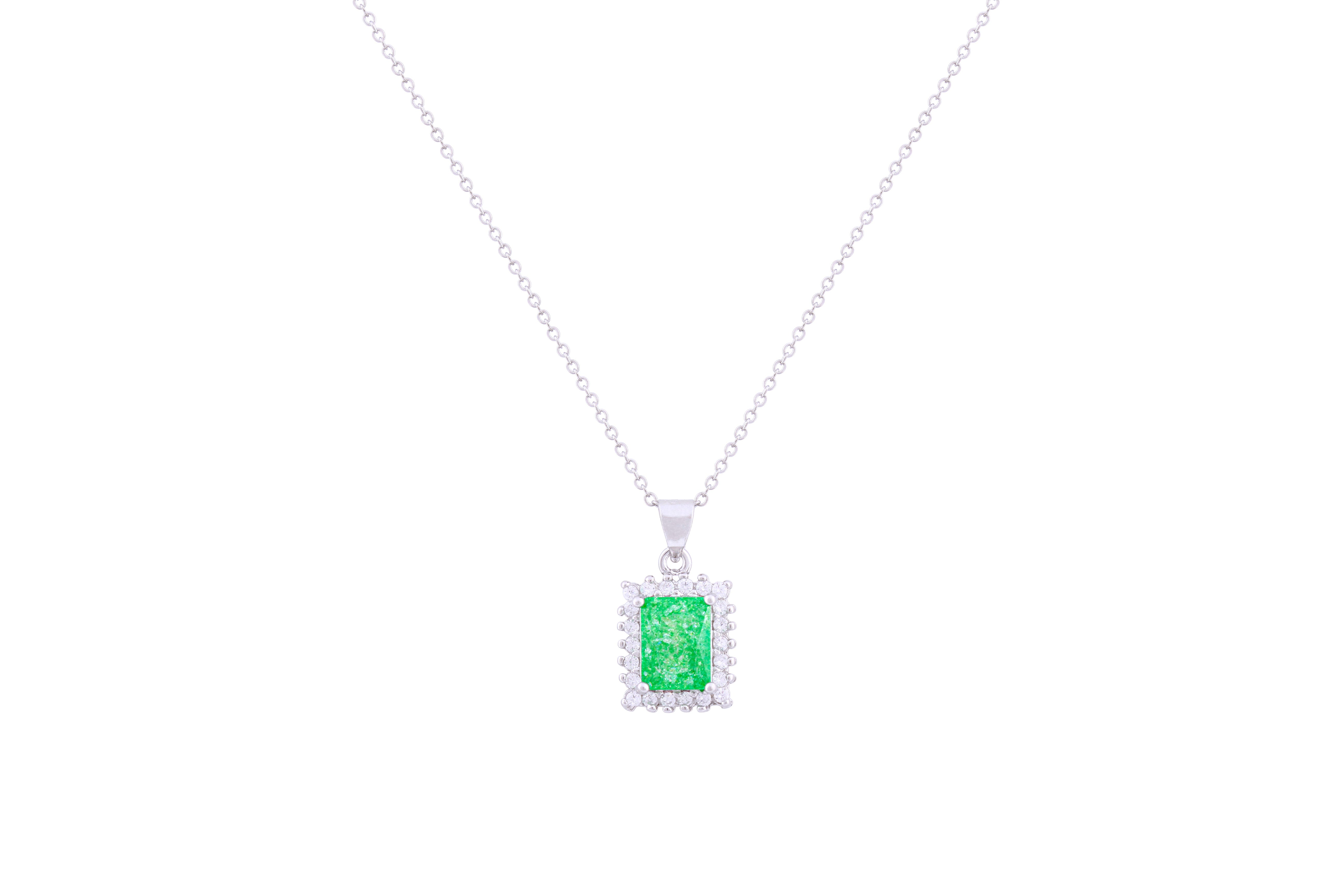 Asfour Crystal Chain Necklace With Emerald Halo Pendant In 925 Sterling Silver ND0117-G-A