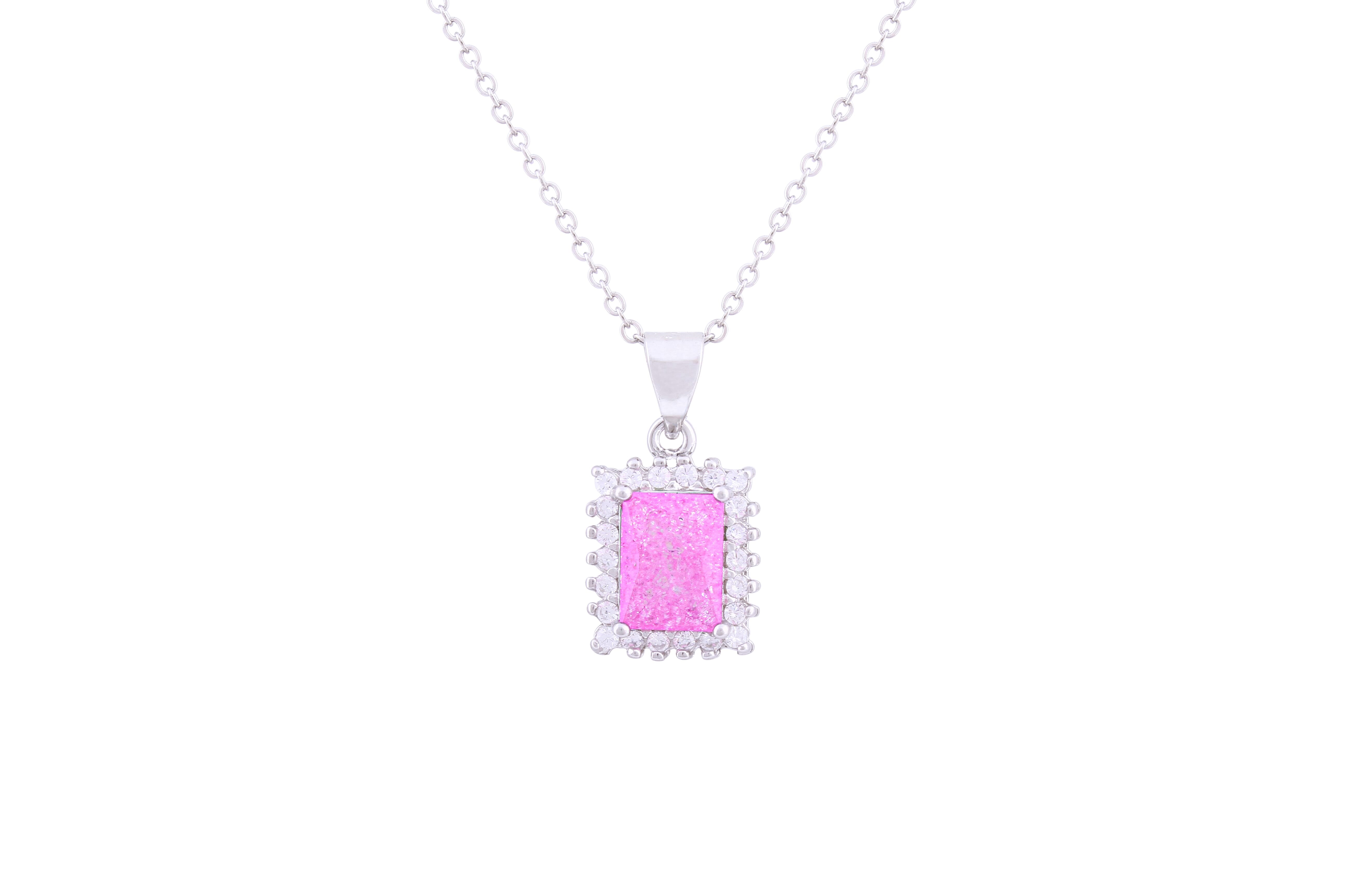 Asfour Crystal Chain Necklace With Emerald Cut Rose Pendant In 925 Sterling Silver ND0117-O-A