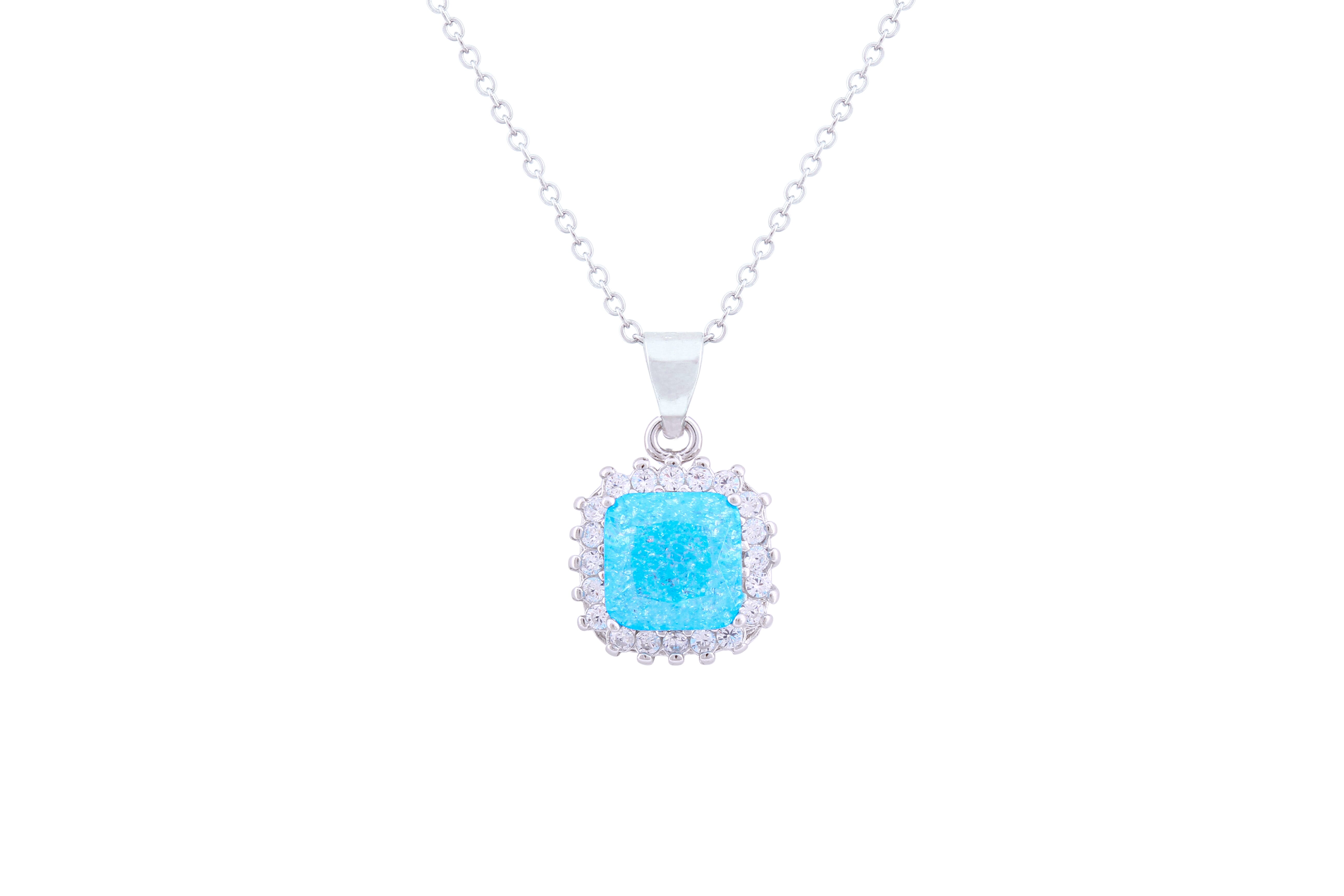 Asfour Crystal Chain Necklace With Cushion Cut Aquamarine Pendant In 925 Sterling Silver ND0118-M-A