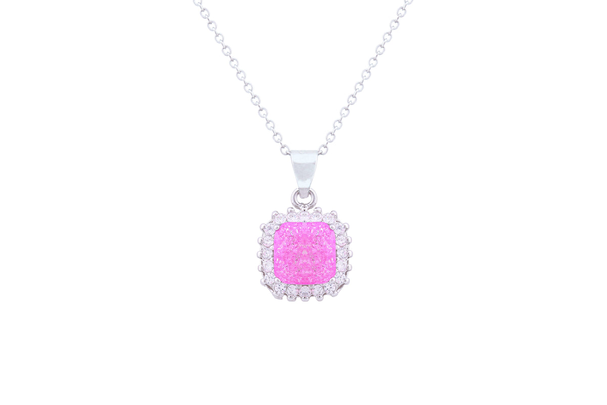 Asfour Crystal Chain Necklace With Cushion Cut Rose Pendant In 925 Sterling Silver ND0118-O-A