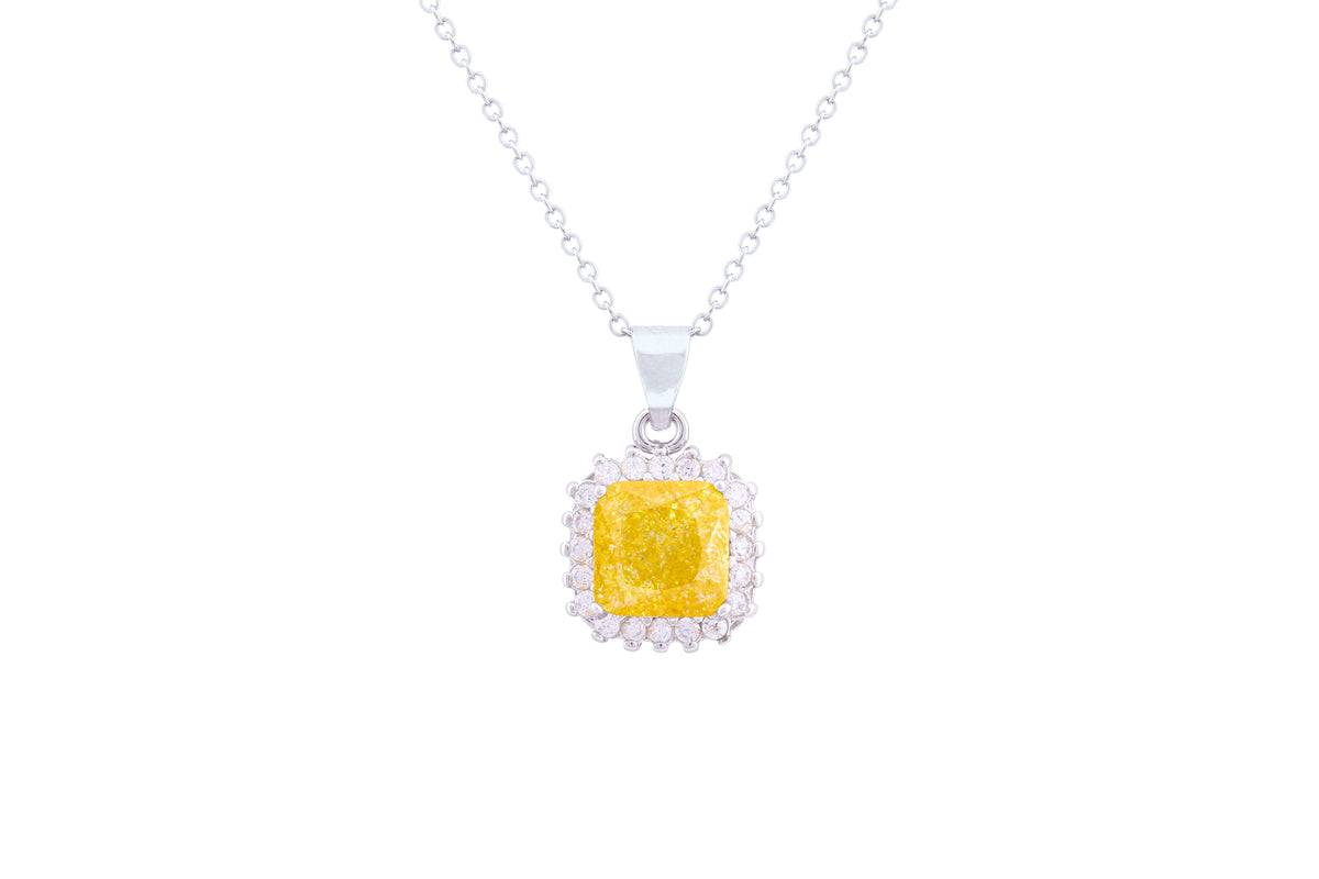 Asfour Crystal Chain Necklace With Cushion Cut Yellow Pendant In 925 Sterling Silver ND0118-Y-A