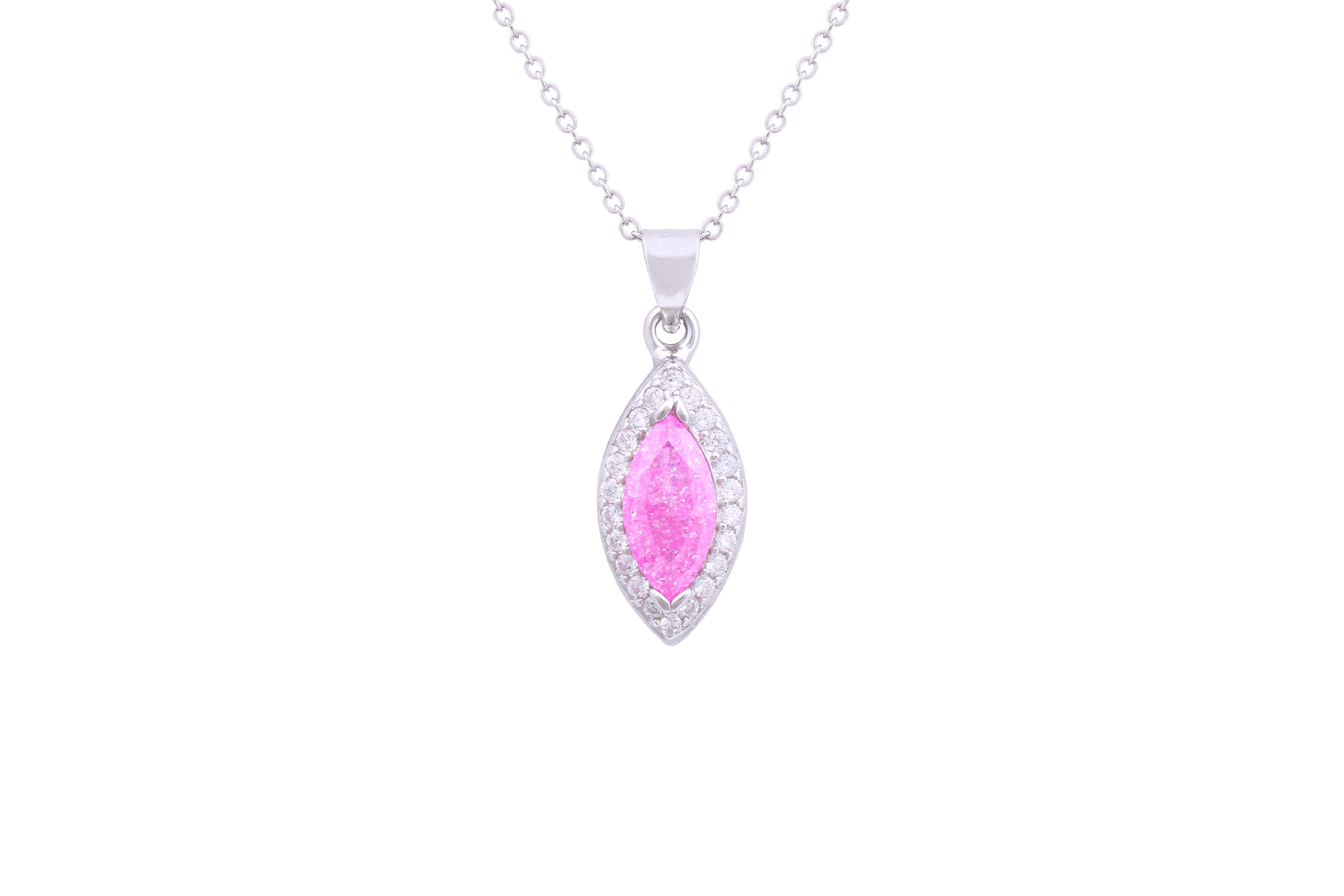 Asfour Crystal Chain Necklace With Rose Halo Marquise Pendant In 925 Sterling Silver ND0135-O-A