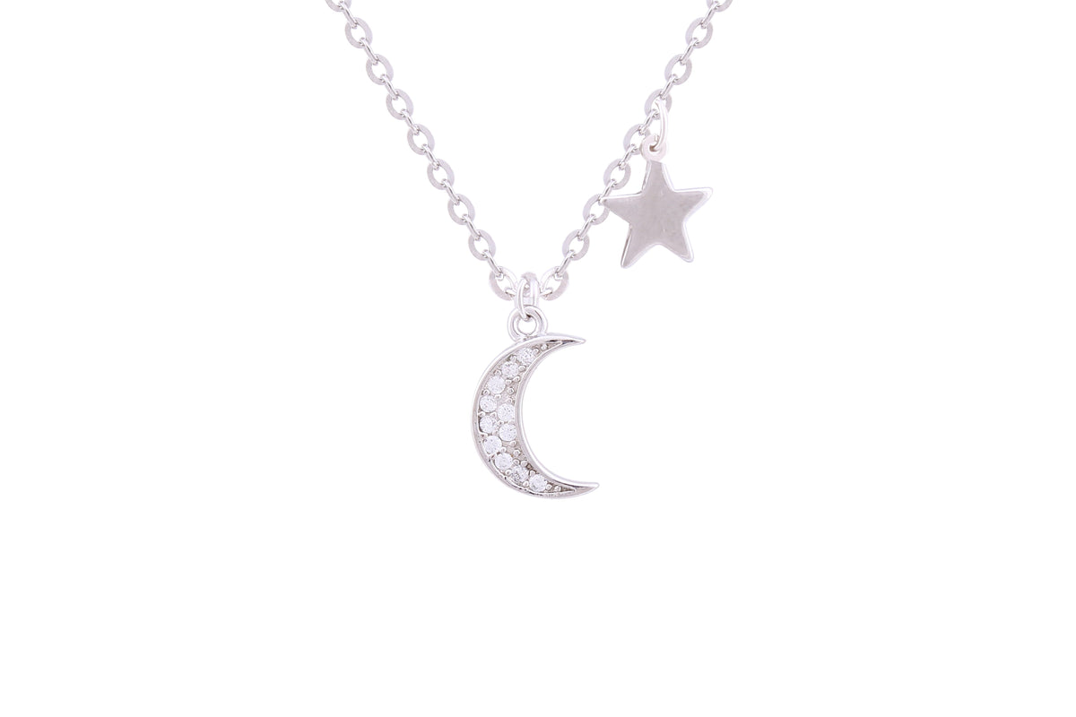 Asfour Crystal Chain Necklace With Crescent & Star Pendant In 925 Sterling Silver ND0136