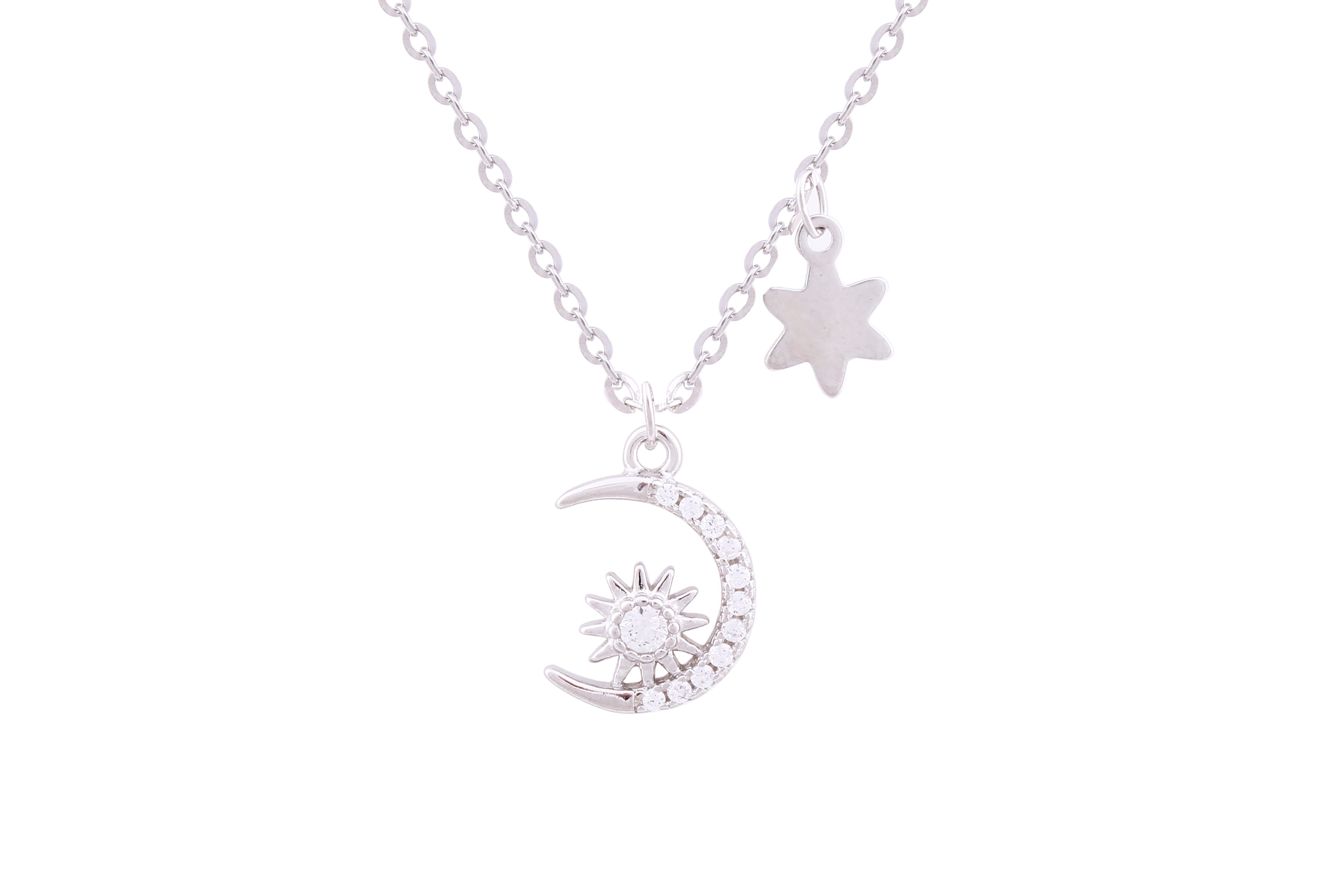 Asfour Crystal Chain Necklace With Crescent & Stars Pendant In 925 Sterling Silver ND0137