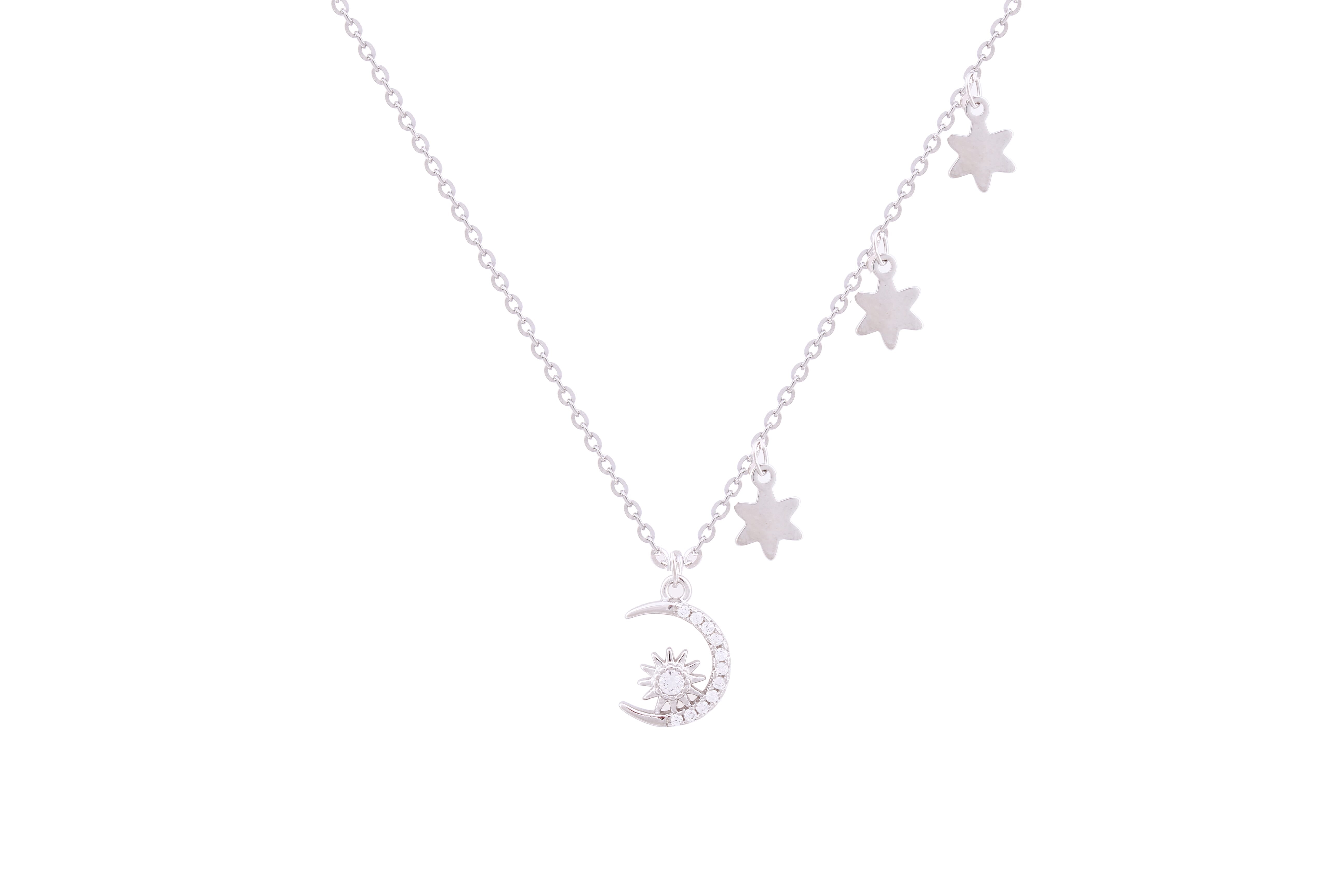 Asfour Crystal Chain Necklace With Crescent & Stars Pendant In 925 Sterling Silver ND0137