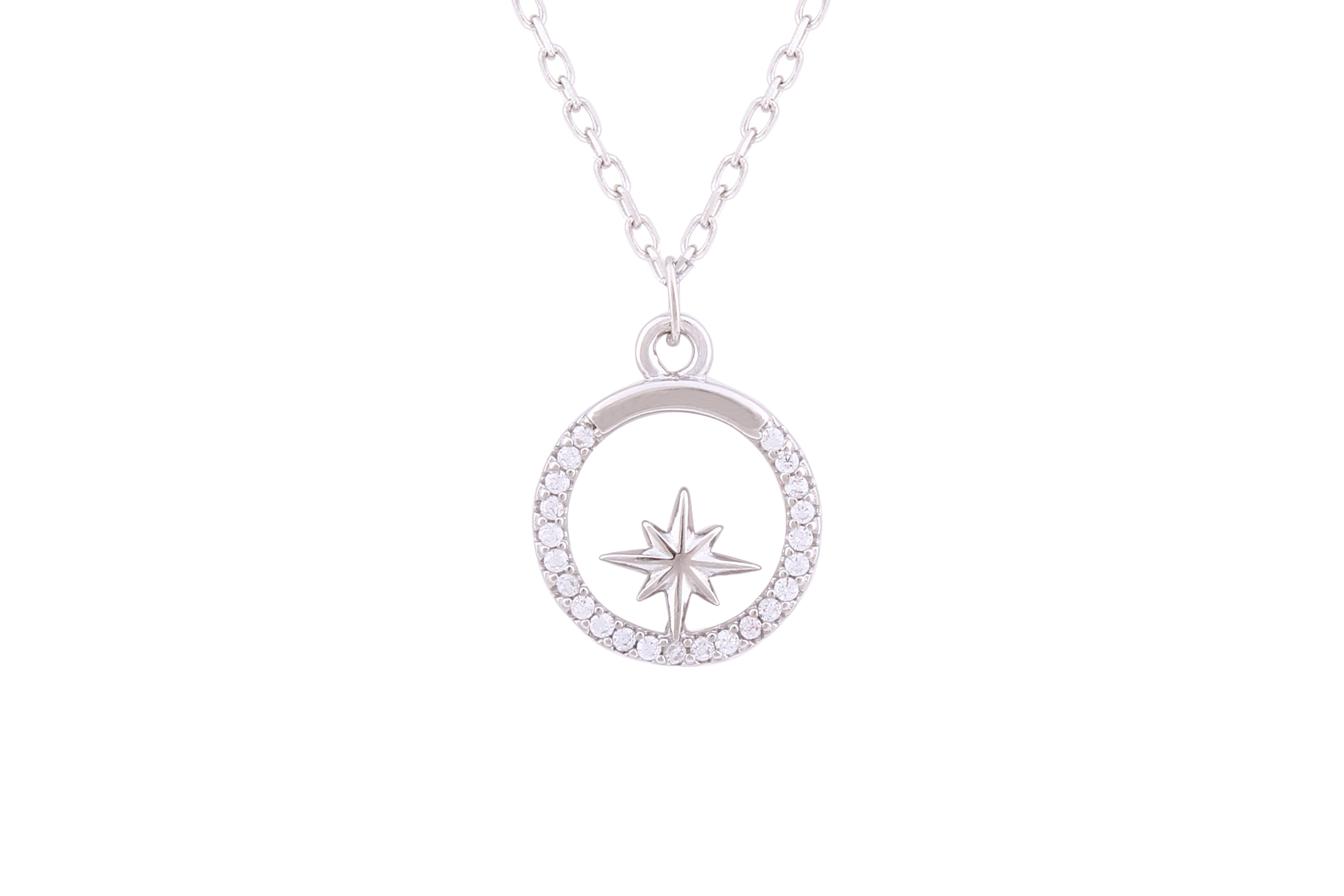 Asfour Crystal Chain Necklace With Starburst In Hollow Circle Pendant In 925 Sterling Silver ND0139