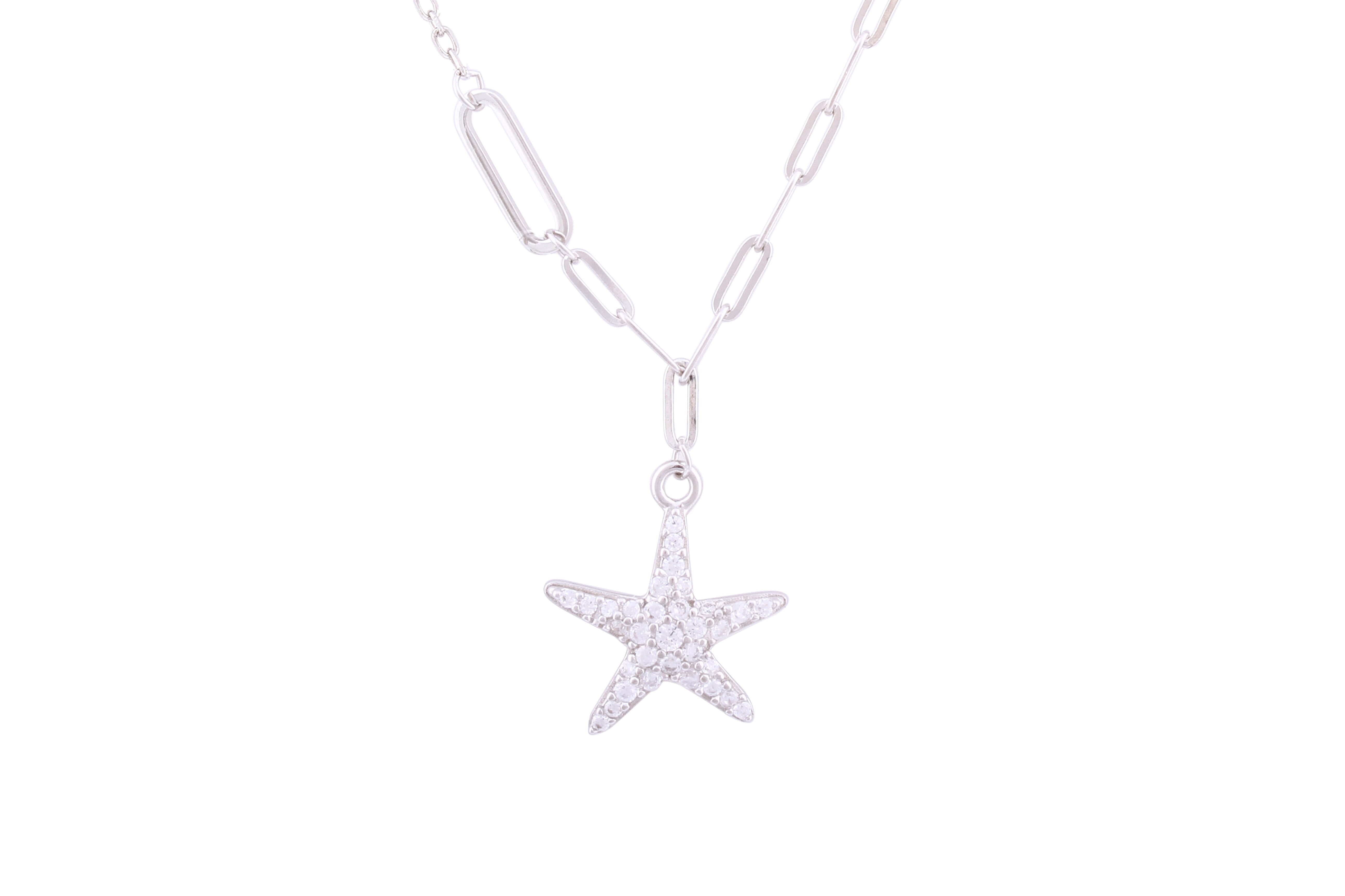 Asfour Crystal Chain Necklace With Starfish Pendant In 925 Sterling Silver ND0140