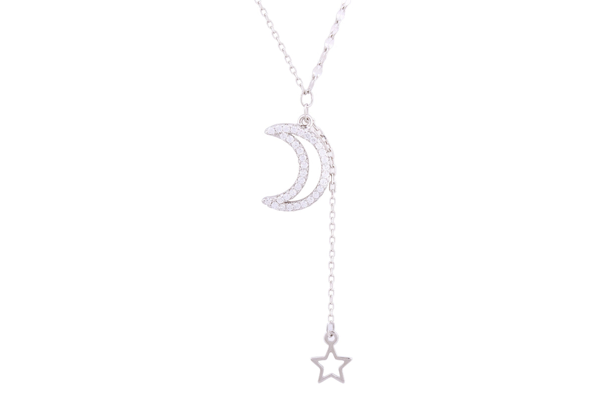 Asfour Crystal Chain Necklace With Crescent & Star Pendant In 925 Sterling Silver ND0143