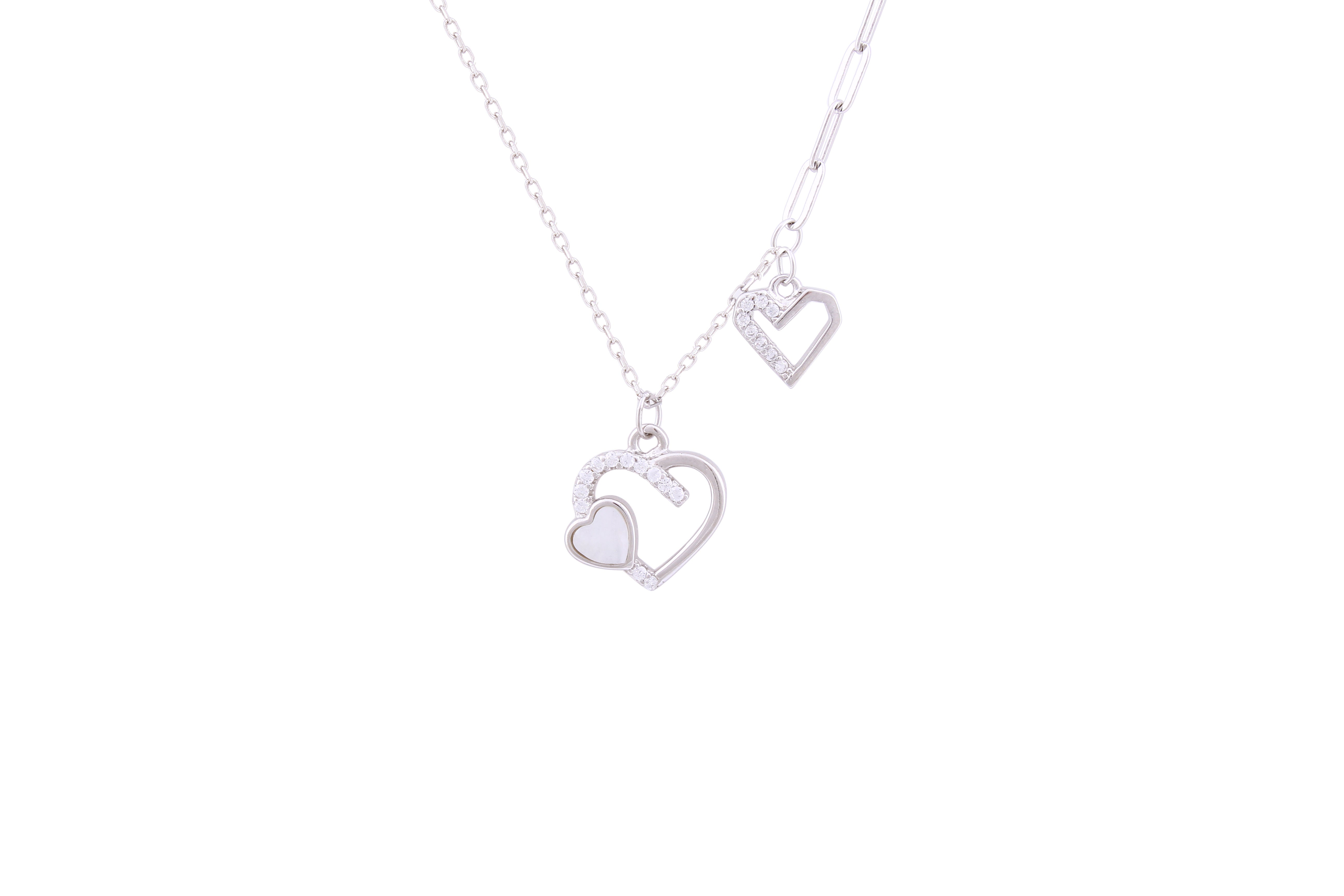 Asfour Crystal Chain Necklace With Hearts Pendant In 925 Sterling Silver ND0148