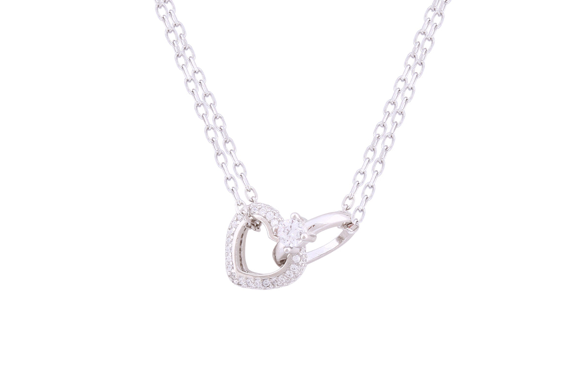 Asfour Crystal Chain Necklace With Interlocking Heart Design In 925 Sterling Silver ND0150