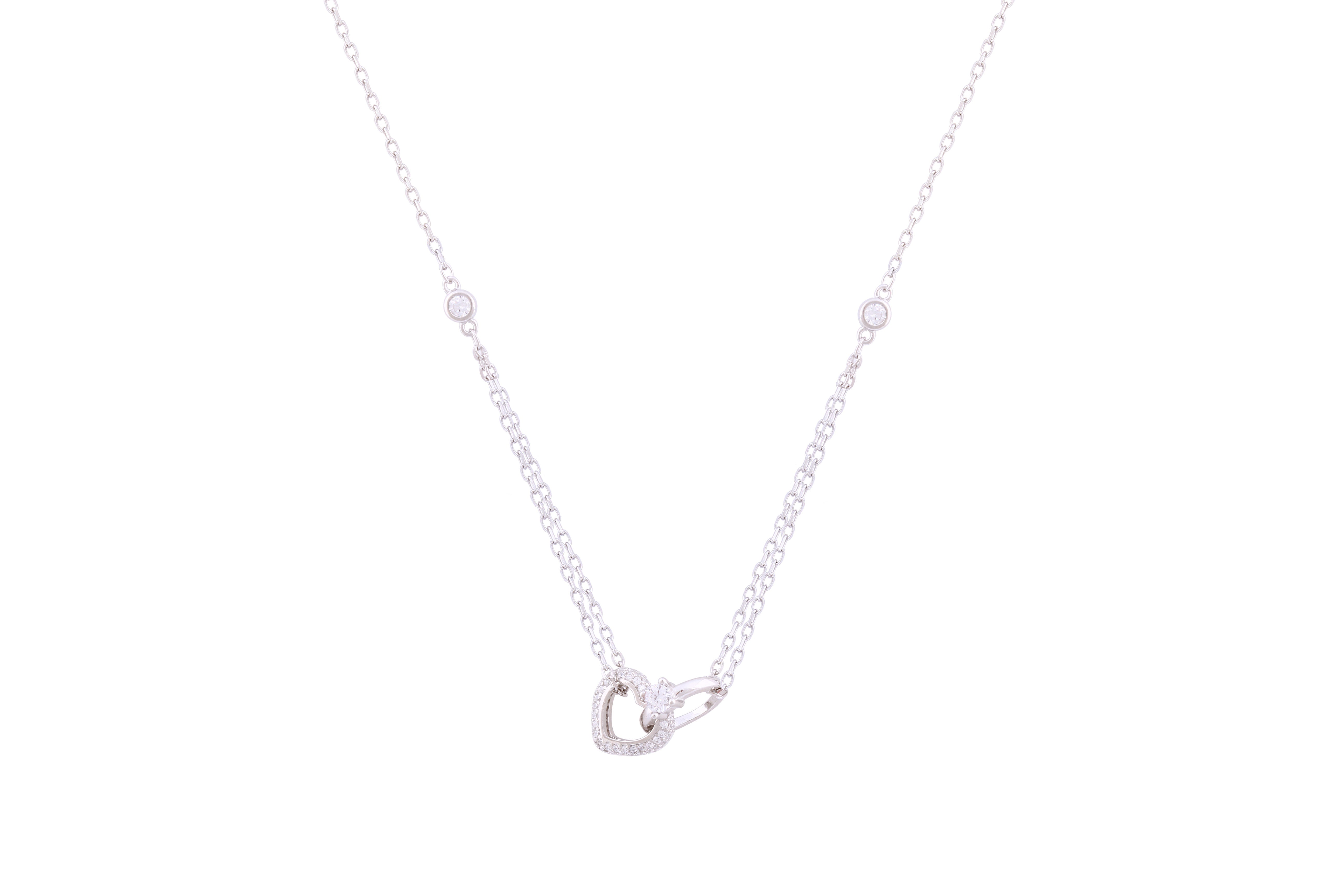 Asfour Crystal Chain Necklace With Interlocking Heart Design In 925 Sterling Silver ND0150