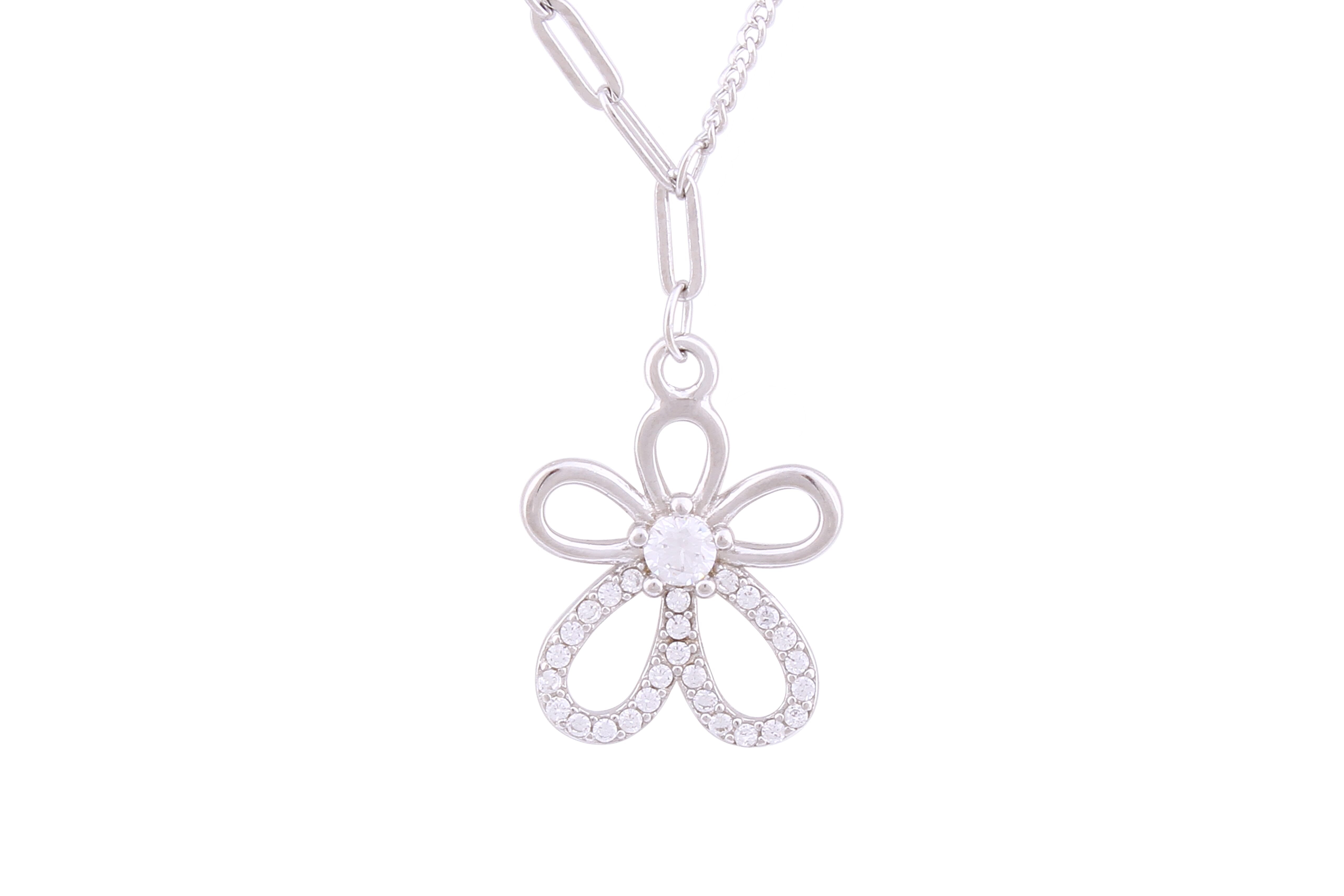 Asfour Crystal Paper Clip Necklace With Flower Pendant In 925 Sterling Silver ND0151