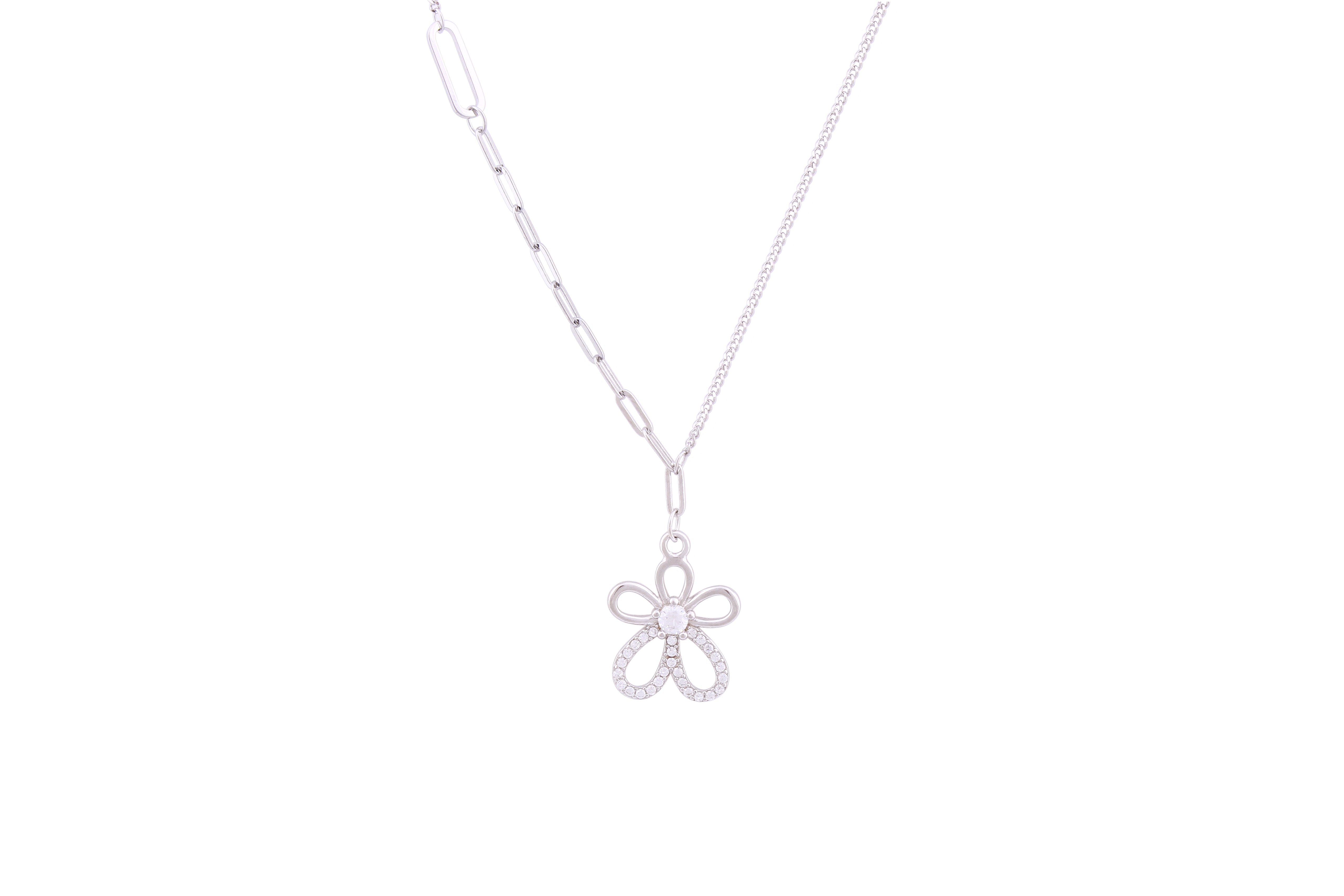 Asfour Crystal Paper Clip Necklace With Flower Pendant In 925 Sterling Silver ND0151