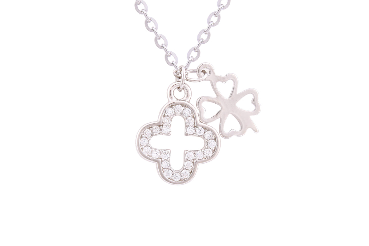 Asfour Crystal Chian Necklace With Clover Design In 925 Sterling Silver ND0153