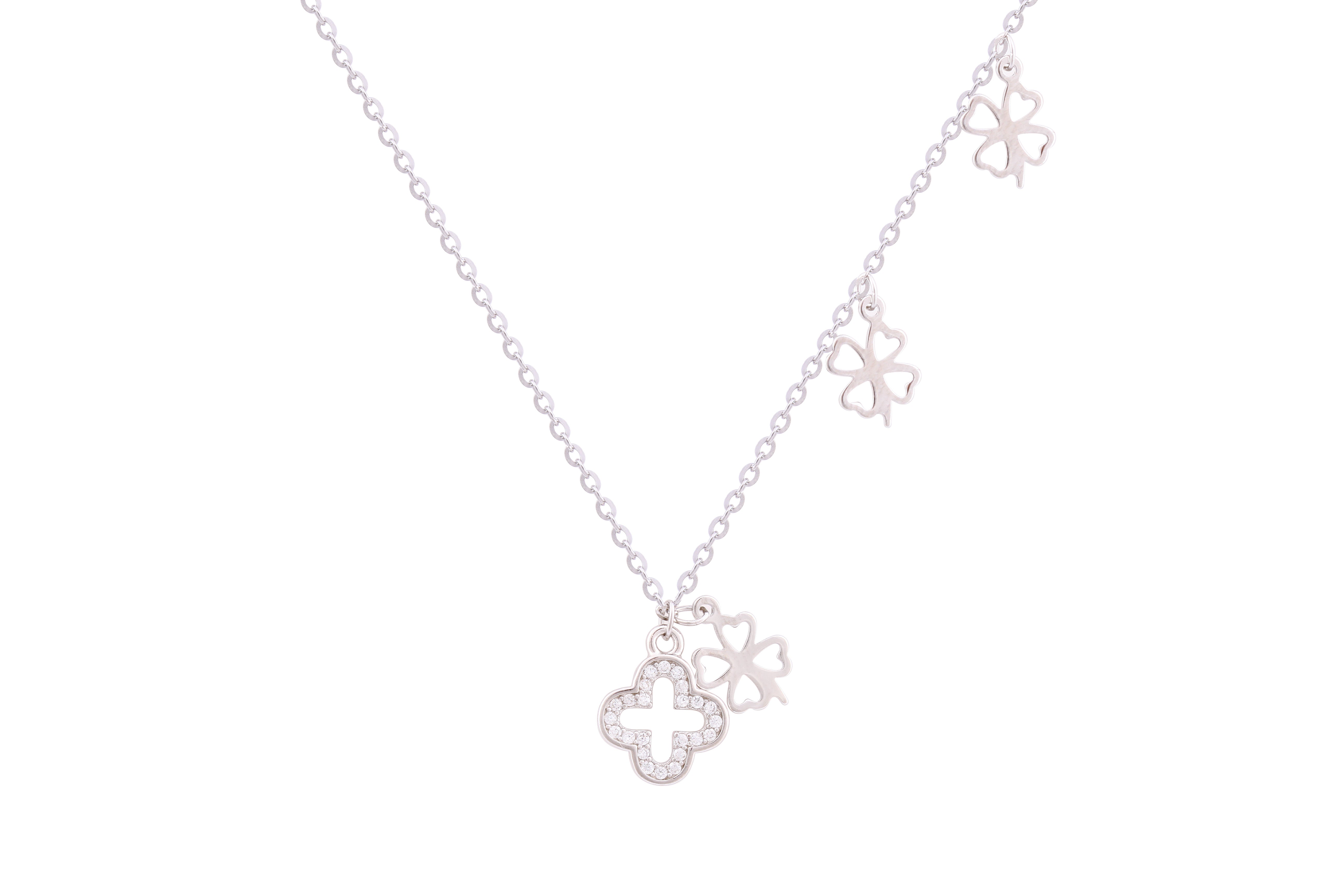 Asfour Crystal Chian Necklace With Clover Design In 925 Sterling Silver ND0153