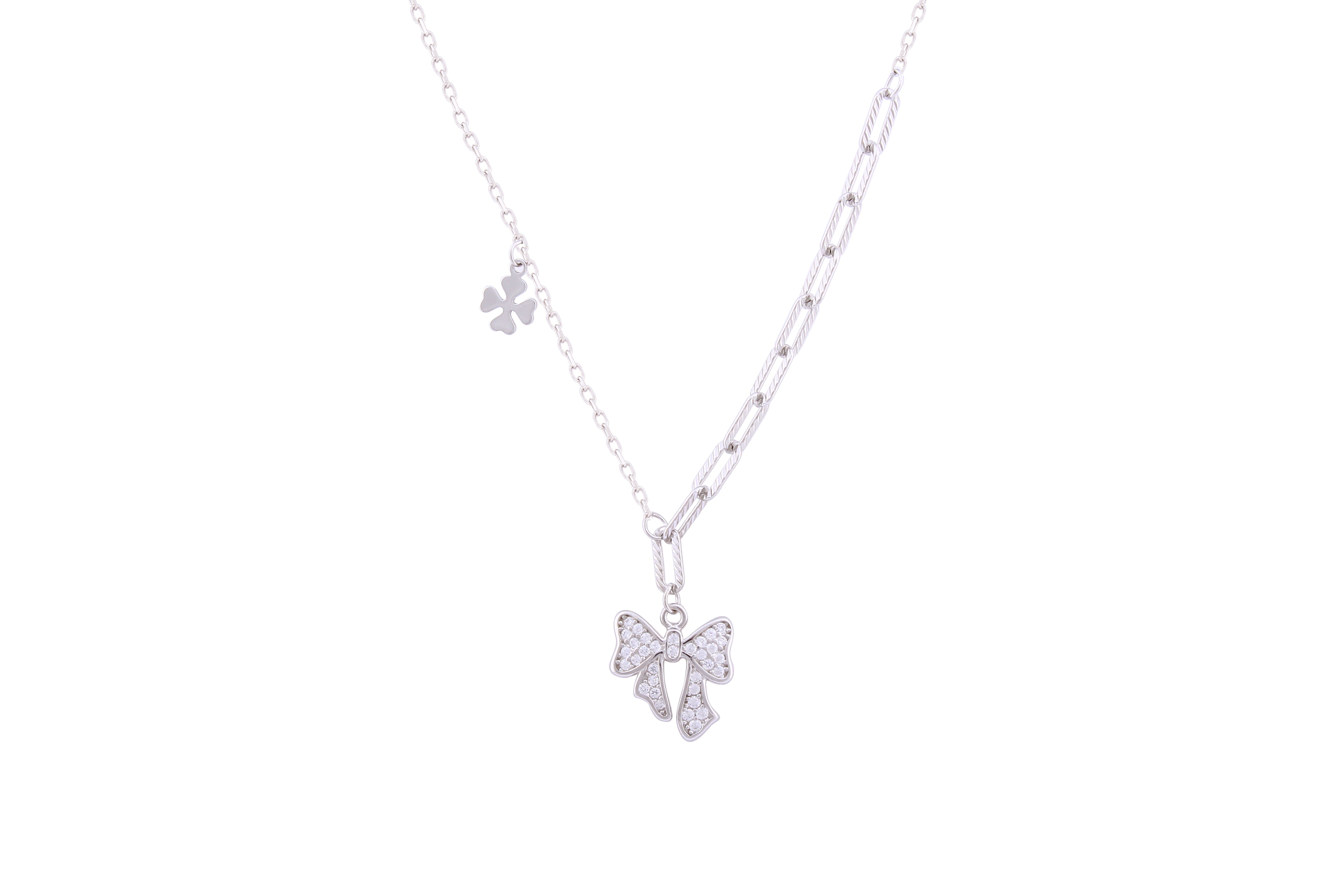 Asfour Crystal Chain Necklace With Bowknot Pendant In 925 Sterling Silver ND0155