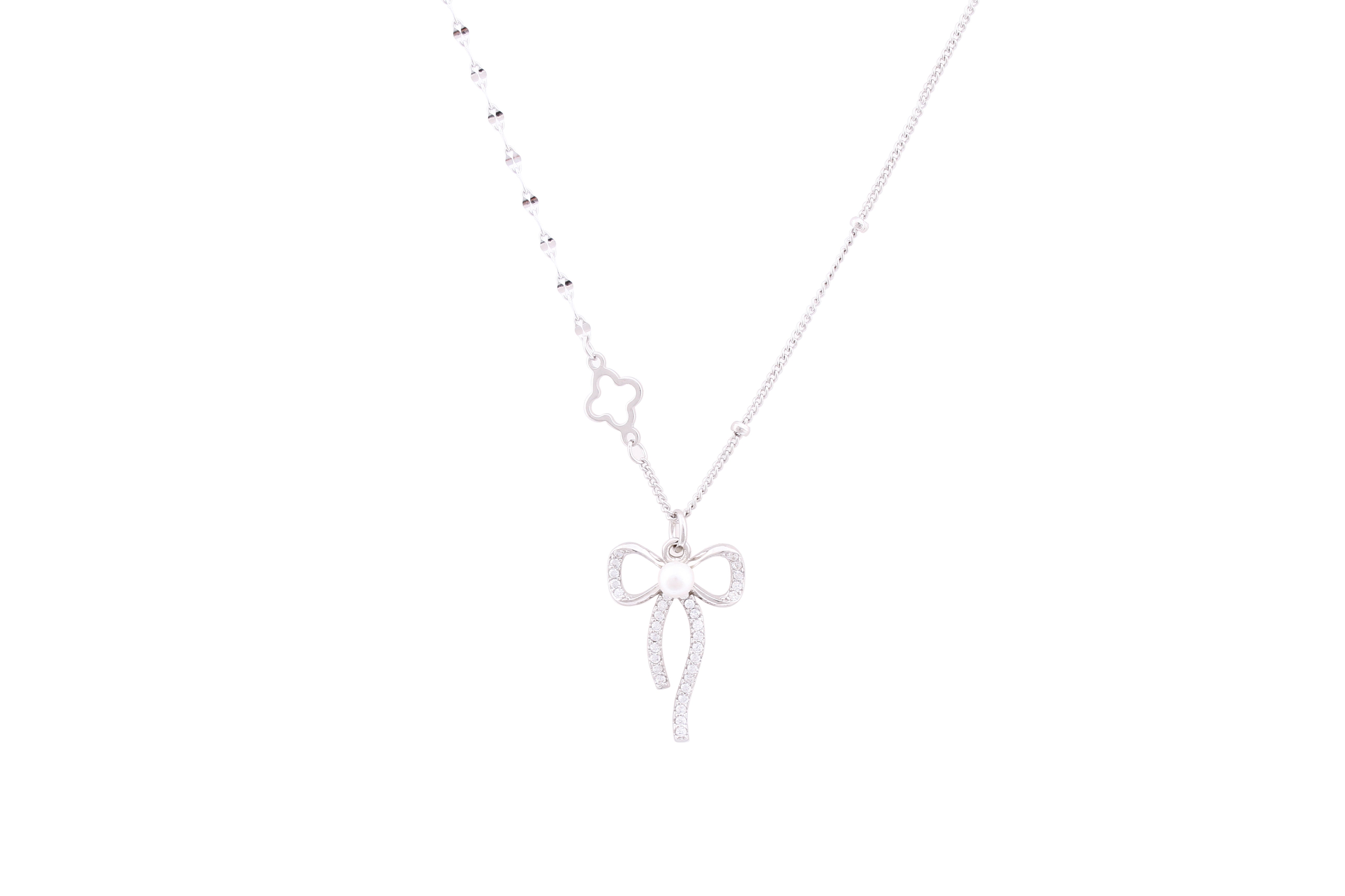 Asfour Crystal Chain Necklace With Bowknot Pendant In 925 Sterling Silver ND0156