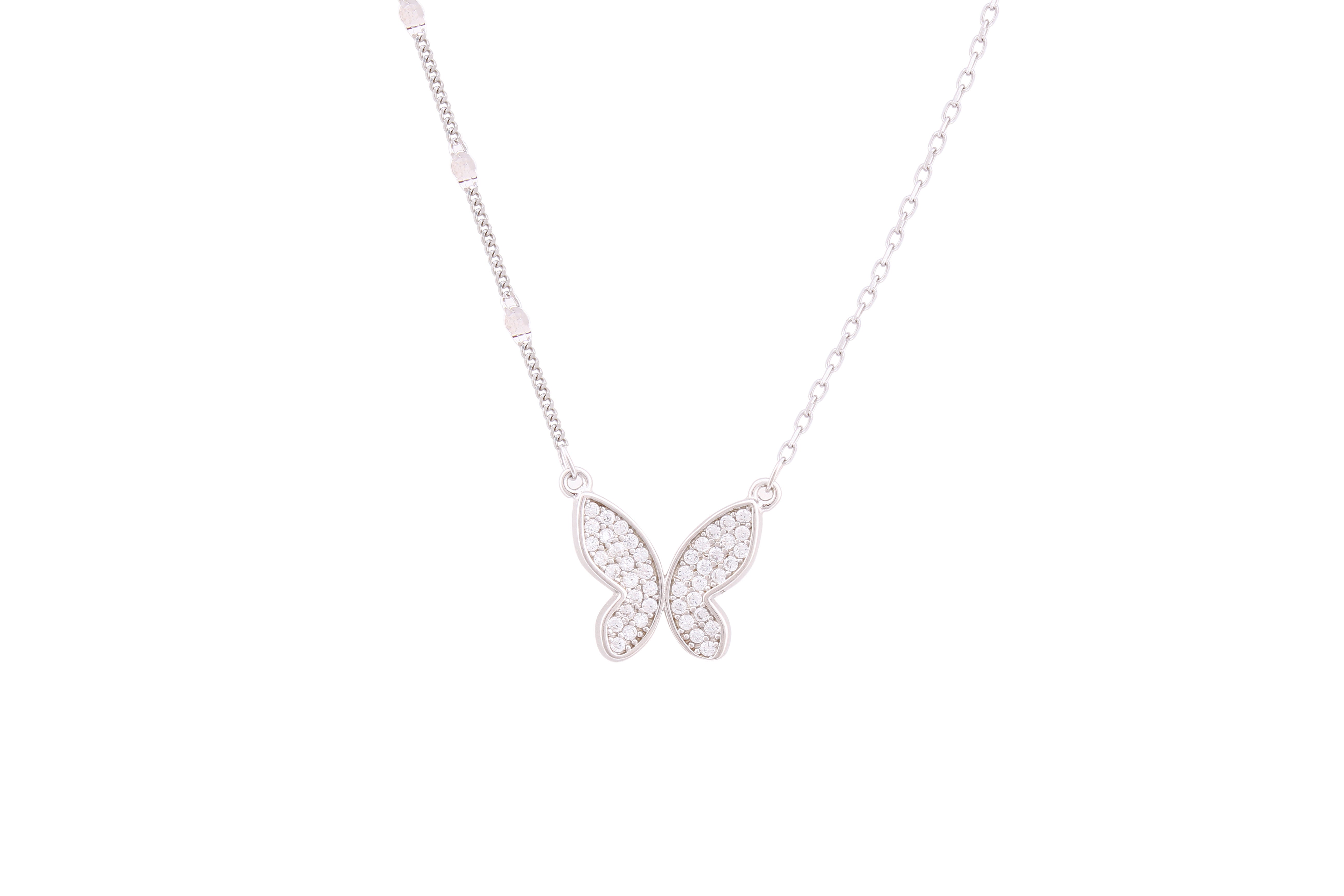 Asfour Crystal Chain Necklace With Butterfly Pendant In 925 Sterling Silver ND0158