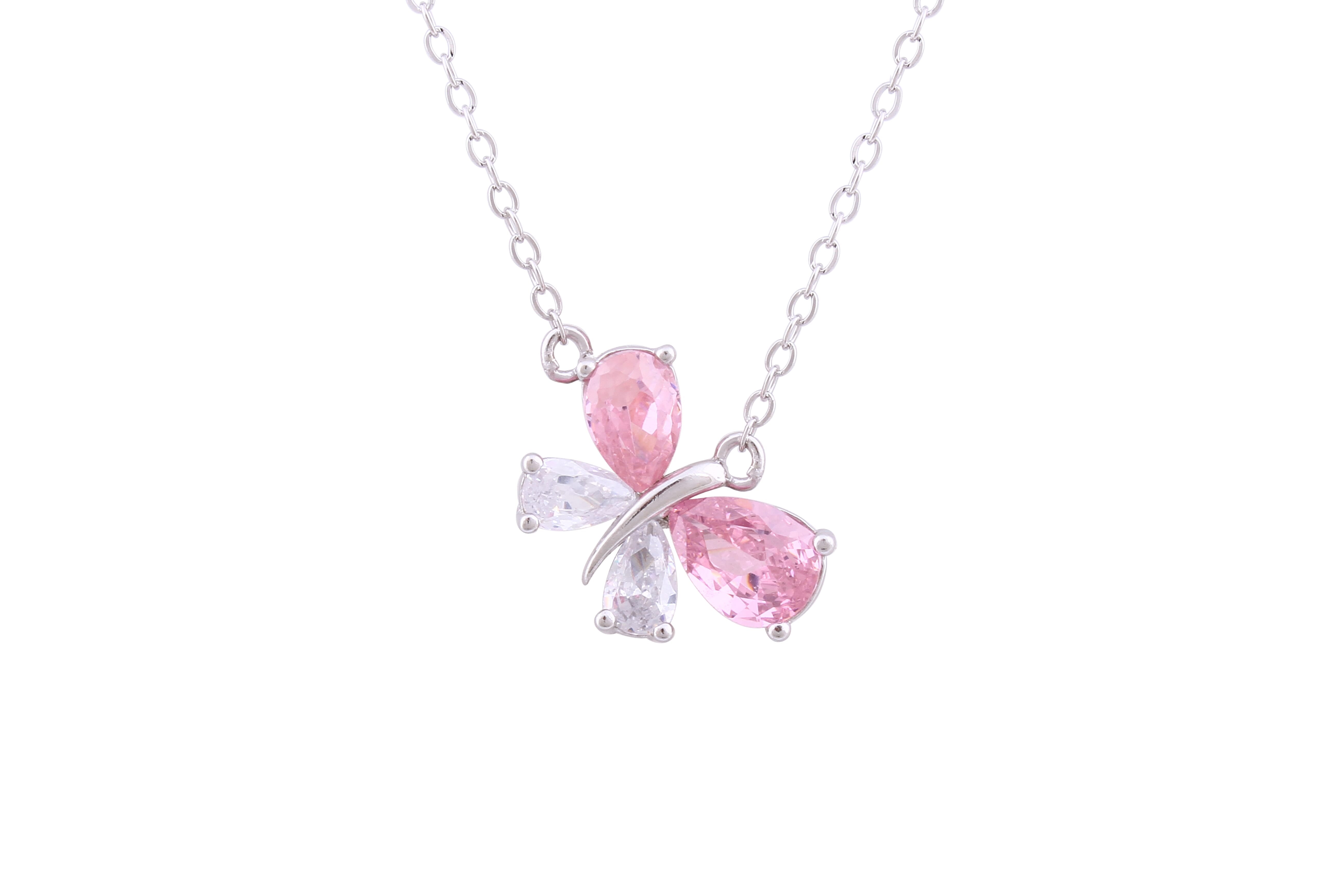 Asfour Crystal Chain Necklace With Rose Butterfly Pendant In 925 Sterling Silver ND0160-WO