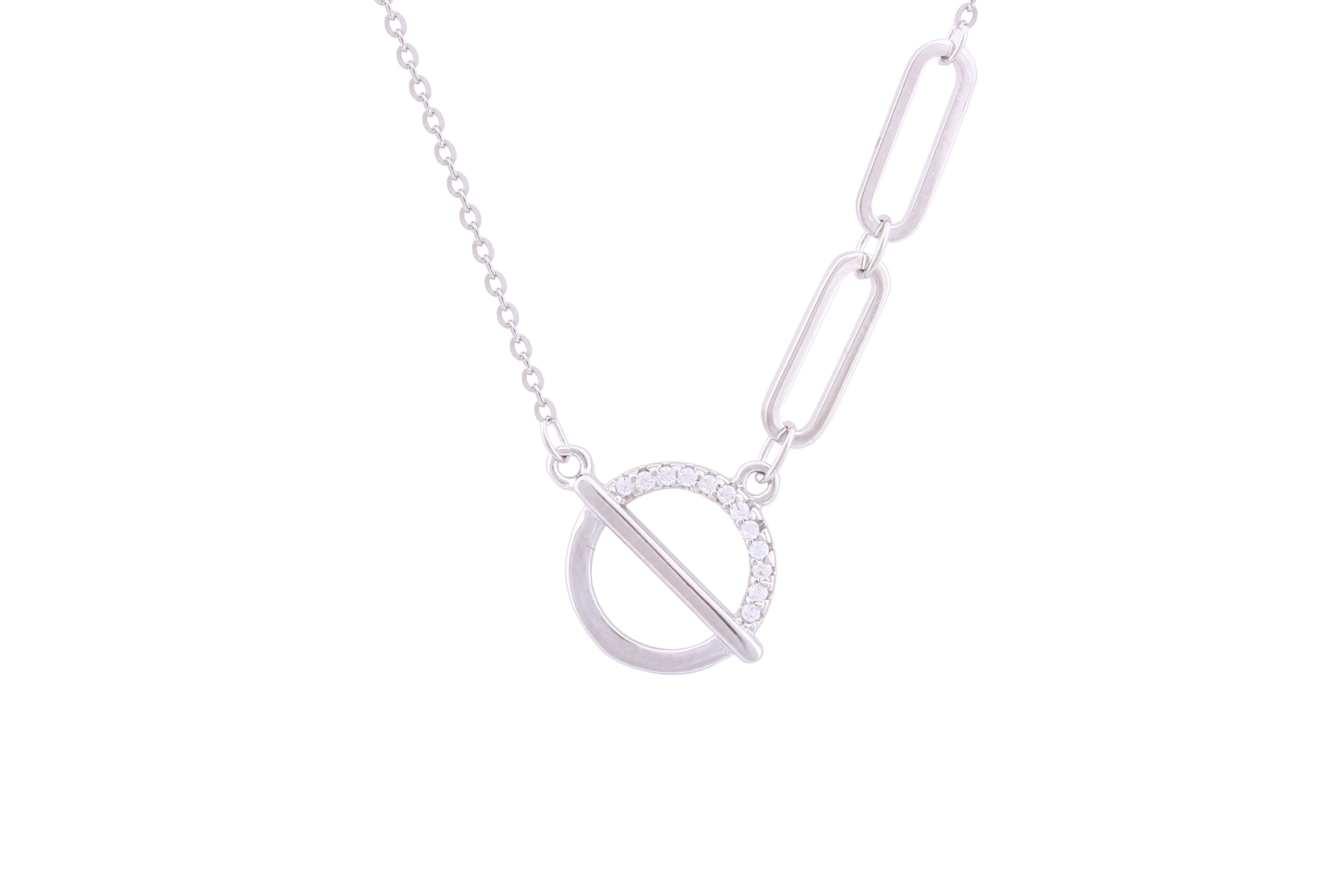 Asfour Crystal Chain Necklace With Circle T Bar Pendant In 925 Sterling Silver ND0167