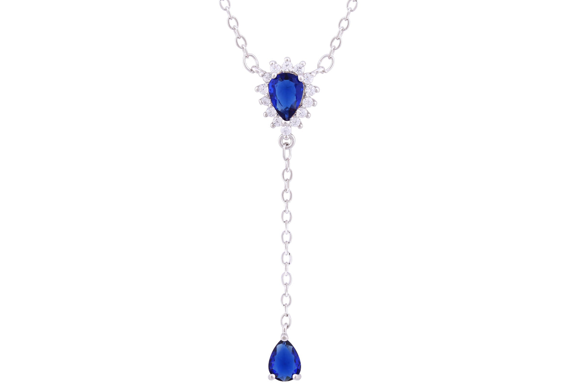 Asfour Crystal Chain Necklace With Blue Pear Drop Pendant In 925 Sterling Silver ND0175-B