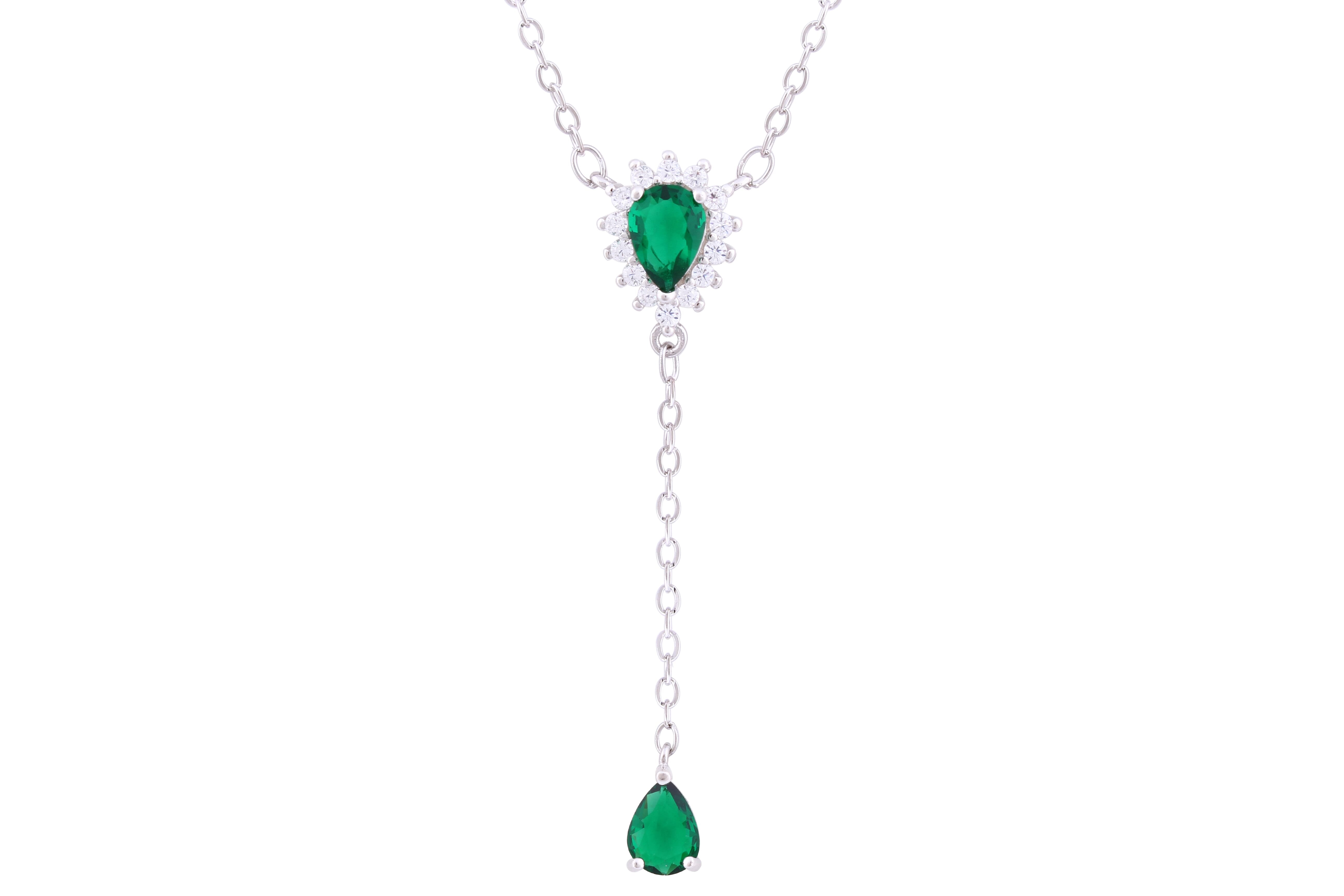 Asfour Crystal Chain Necklace With Emerald Pear Drop Pendant In 925 Sterling Silver ND0175-G