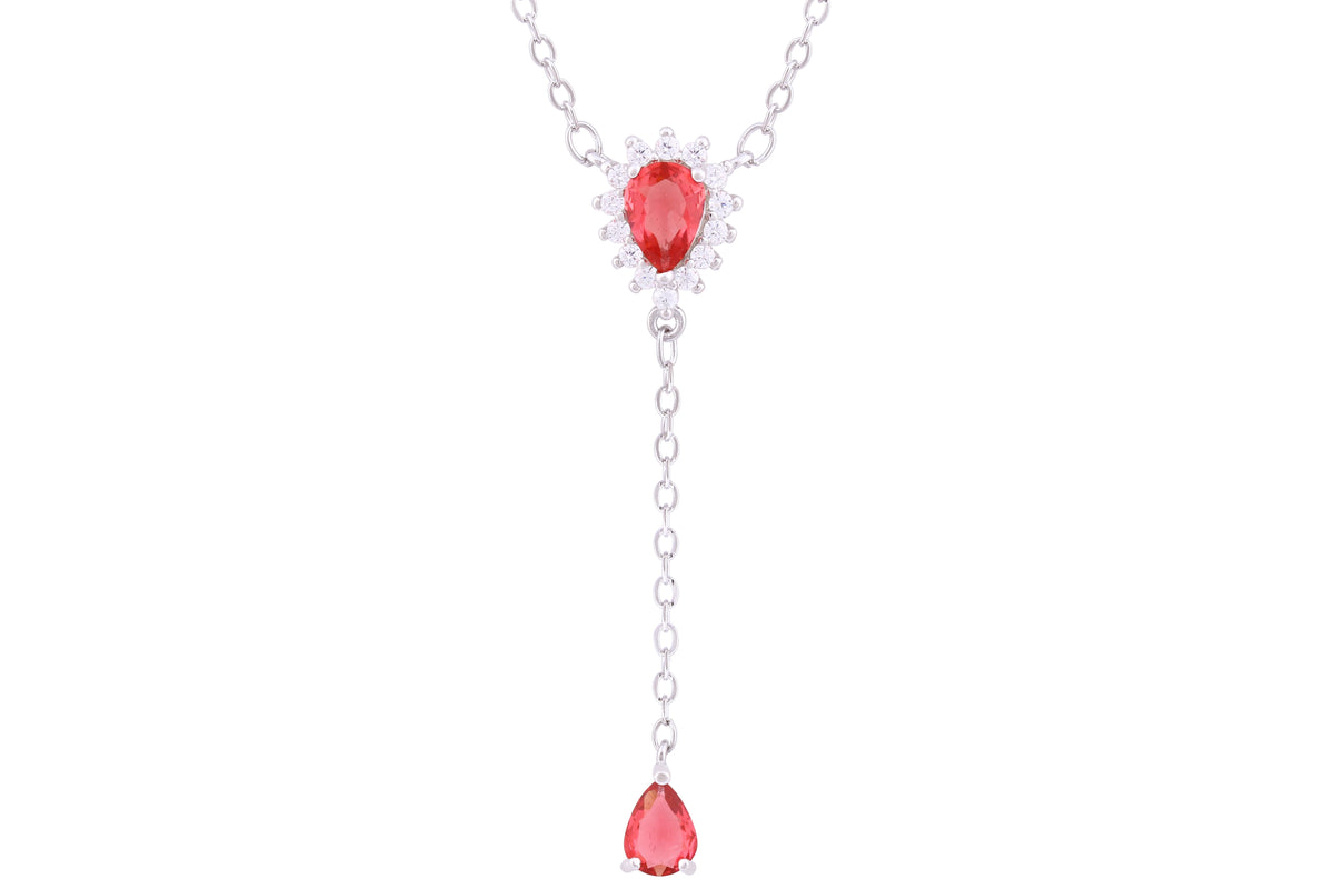 Asfour Crystal Chain Necklace With Dark Rose Pear Drop Pendant In 925 Sterling Silver ND0175-O5