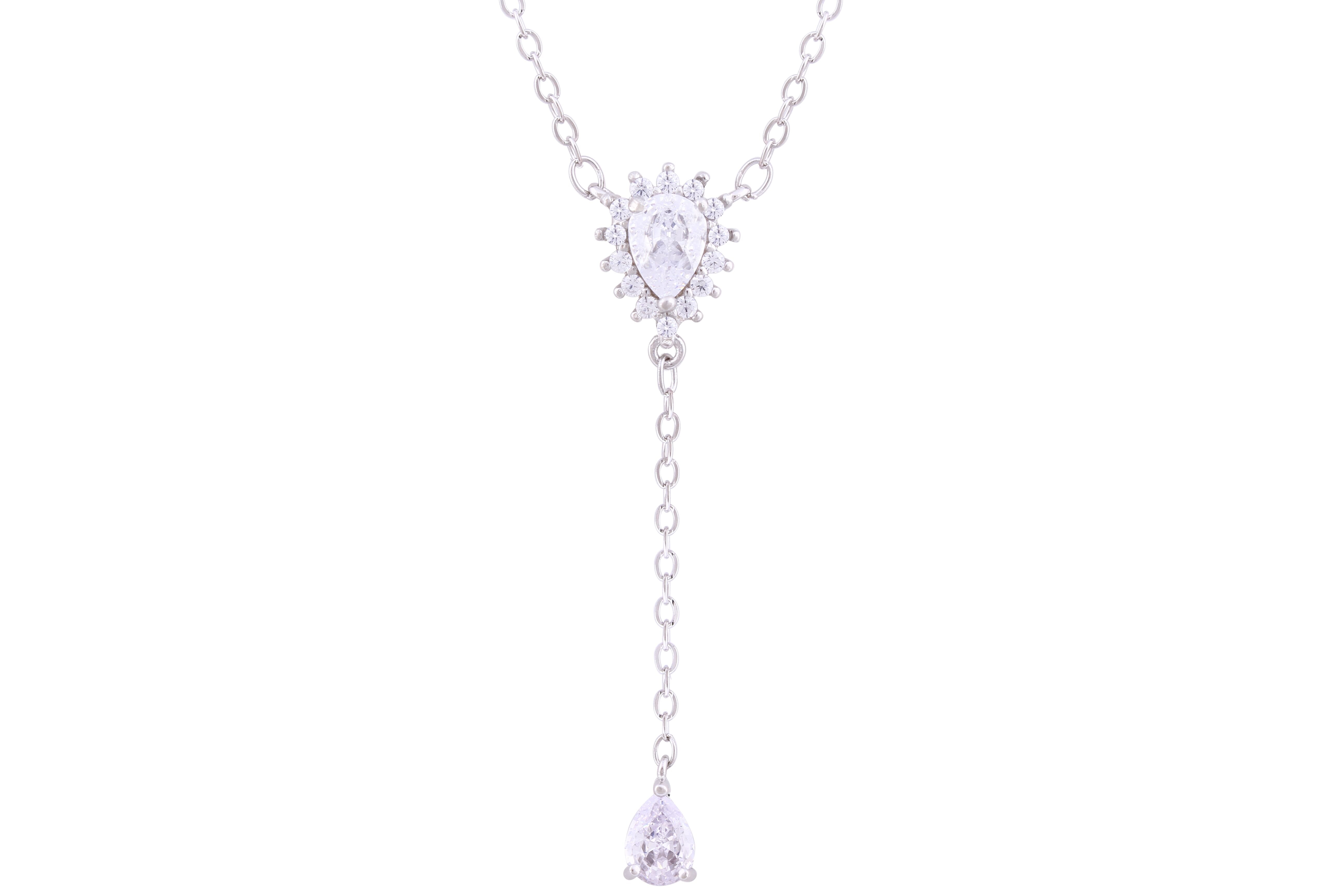 Asfour Crystal Chain Necklace With Pear Drop Pendant In 925 Sterling Silver ND0175-W