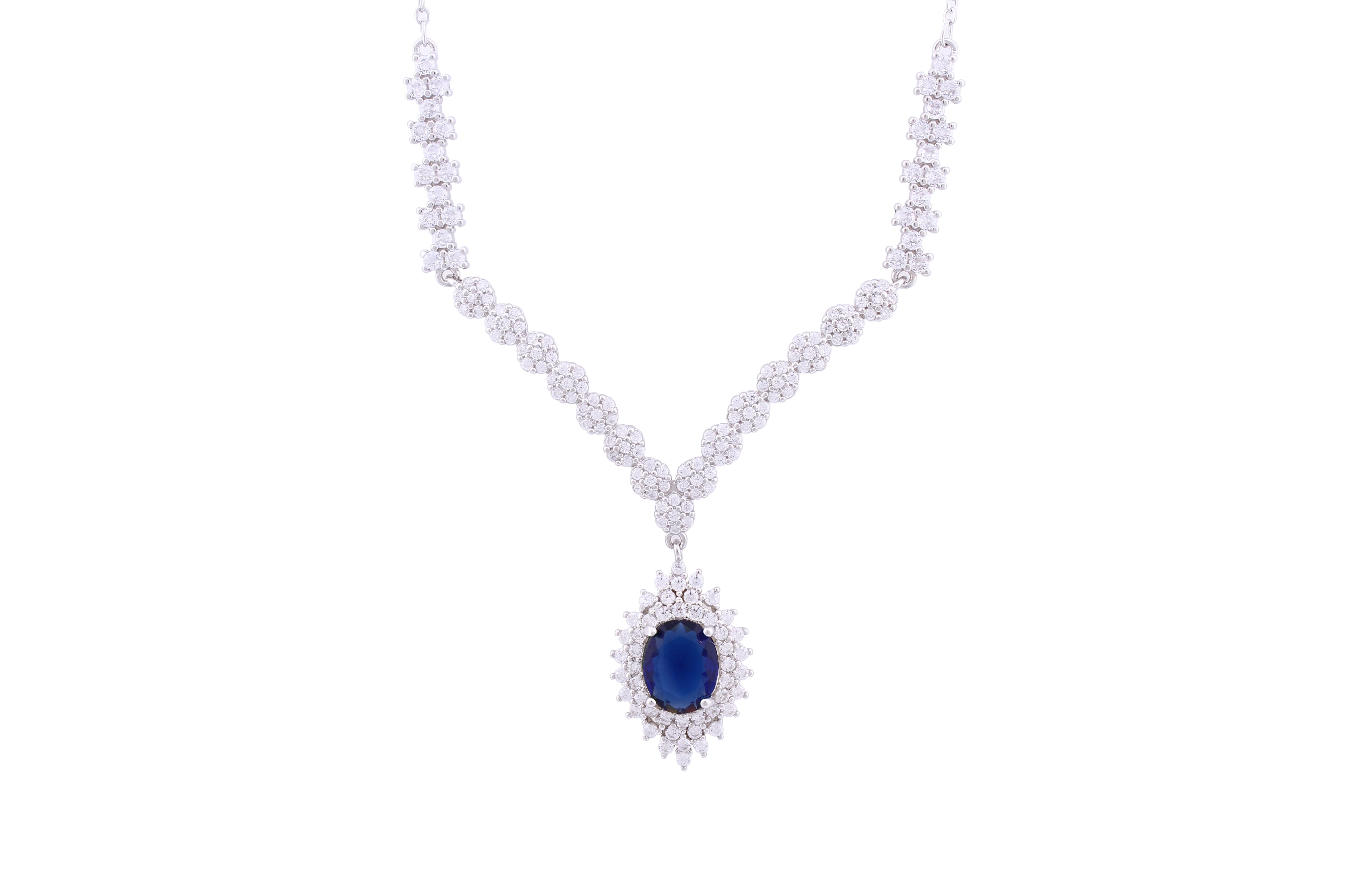 Asfour Crystal Chain Necklace With Blue Cluster Zircon Stone In 925 Sterling Silver ND0181-WB