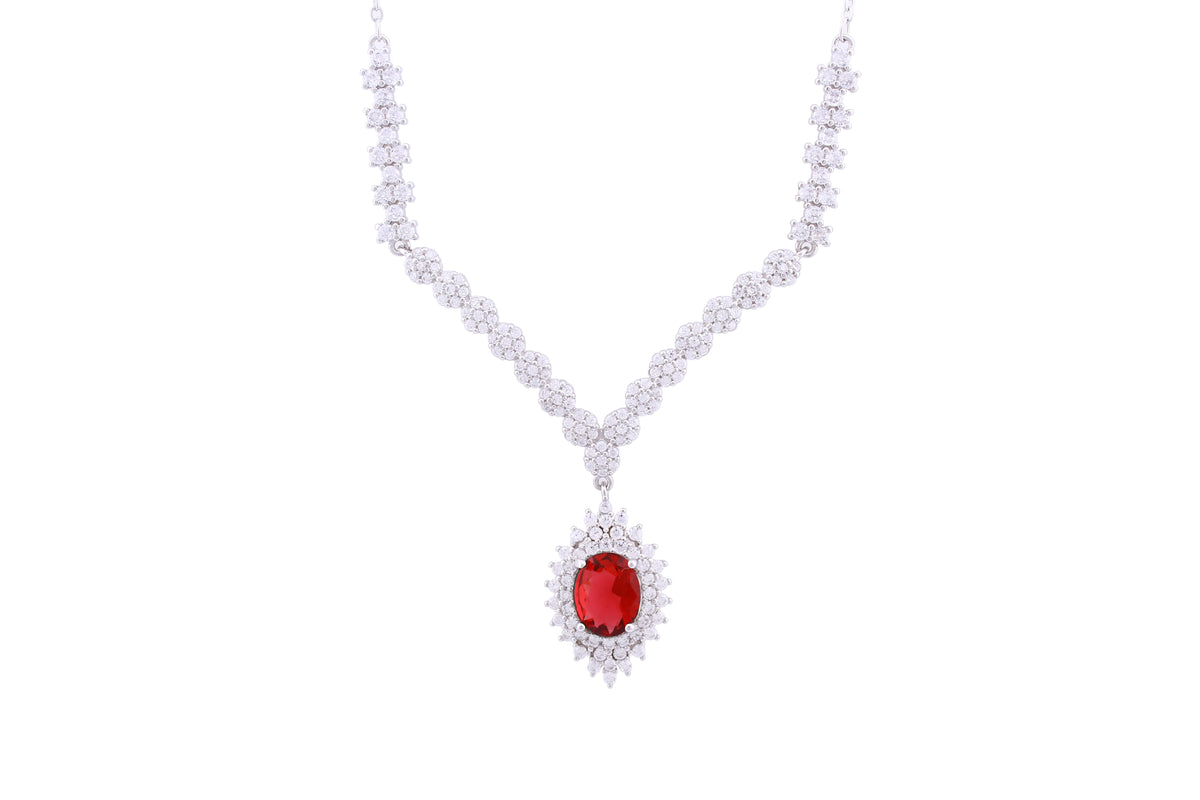 Asfour Crystal Chain Necklace With Ruby Cluster Zircon Stone In 925 Sterling Silver ND0181-WR