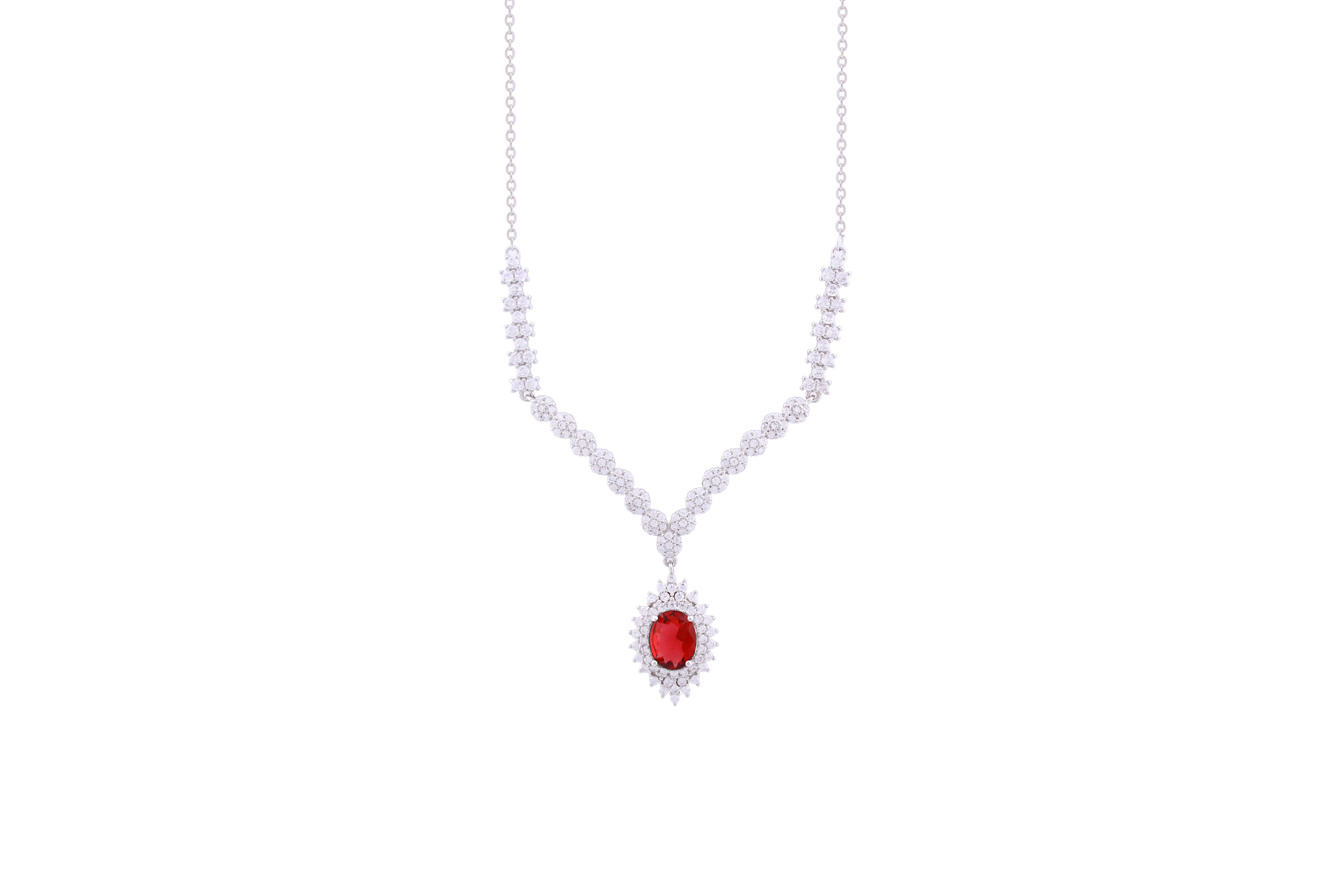 Asfour Crystal Chain Necklace With Ruby Cluster Zircon Stone In 925 Sterling Silver ND0181-WR