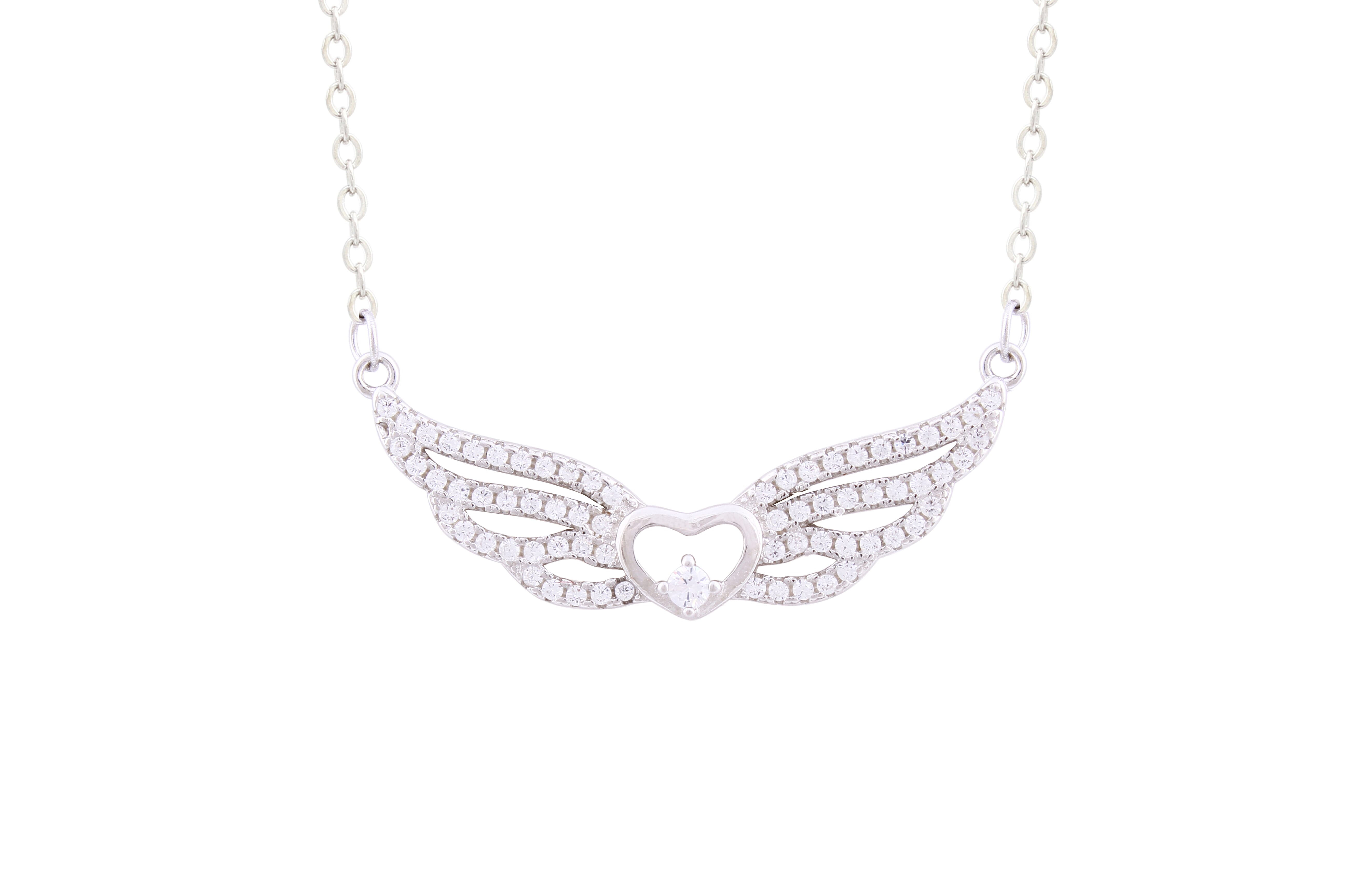 Asfour Crystal Chain Necklace With Angel Wings Pendant In 925 Sterling Silver ND0183