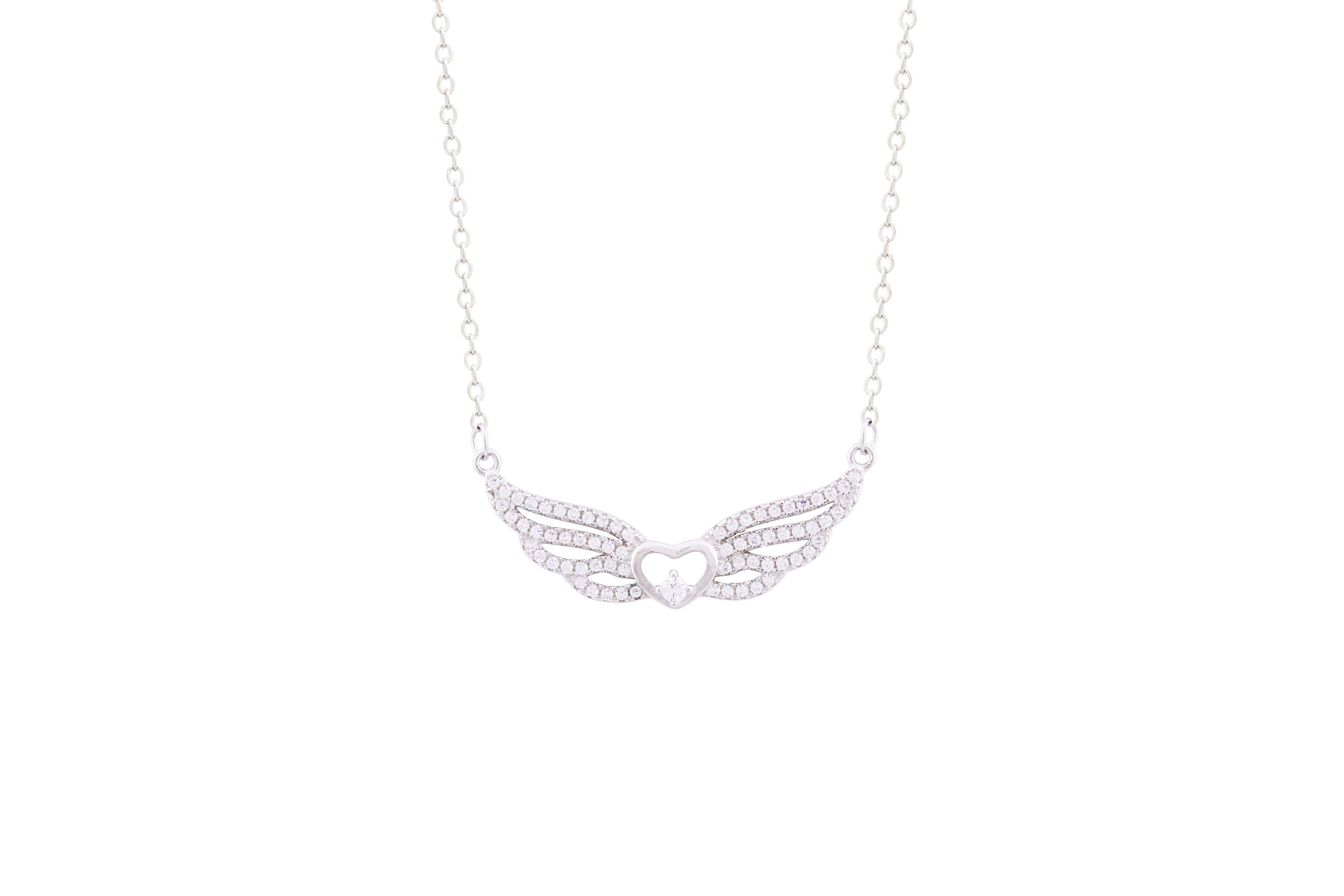 Asfour Crystal Chain Necklace With Angel Wings Pendant In 925 Sterling Silver ND0183