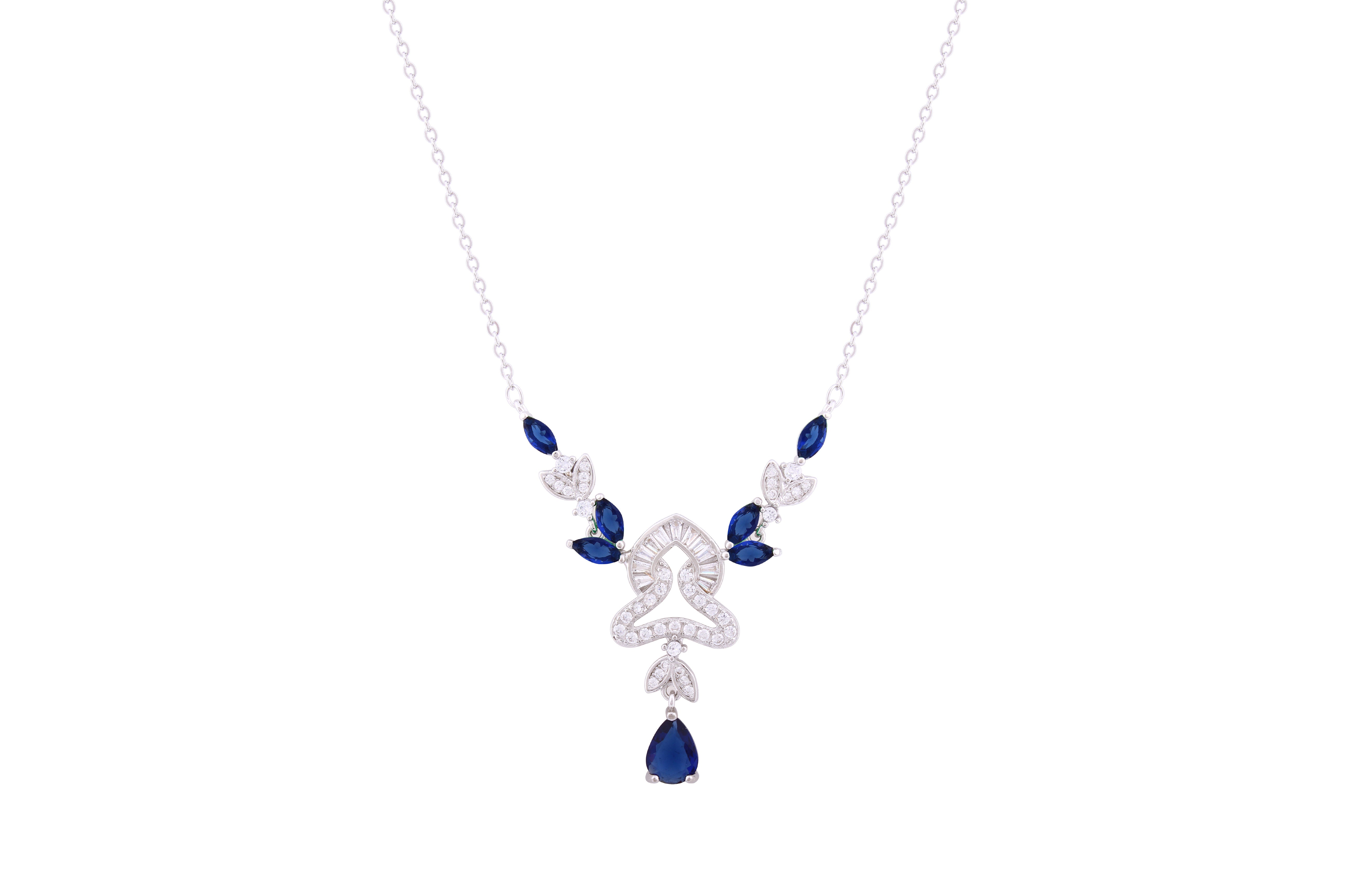 Asfour Crystal Chain Necklace With Blue Art Deco Design In 925 Sterling Silver ND0184-WB